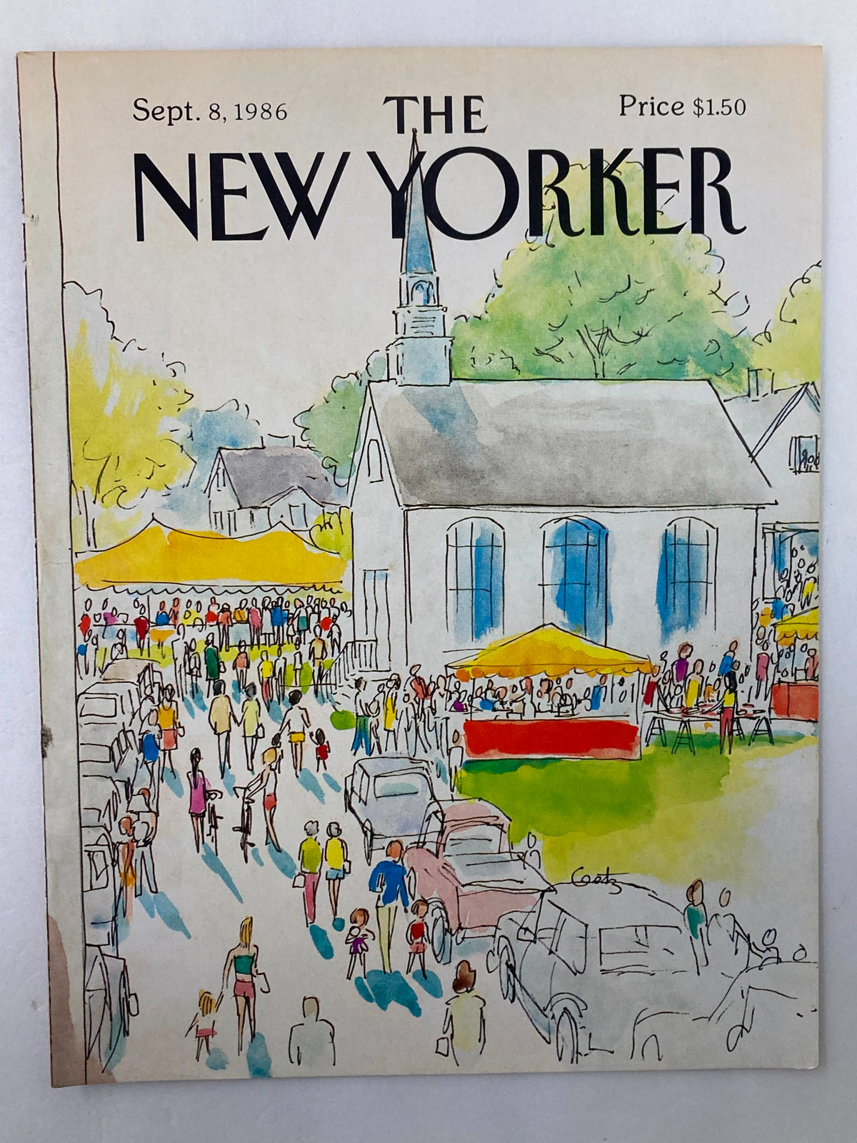 Cover of The New Yorker dated September 8, 1986, titled 'Church Time' by Arthur Getz, showcasing a busy street scene with a church, people, and colorful market tents.