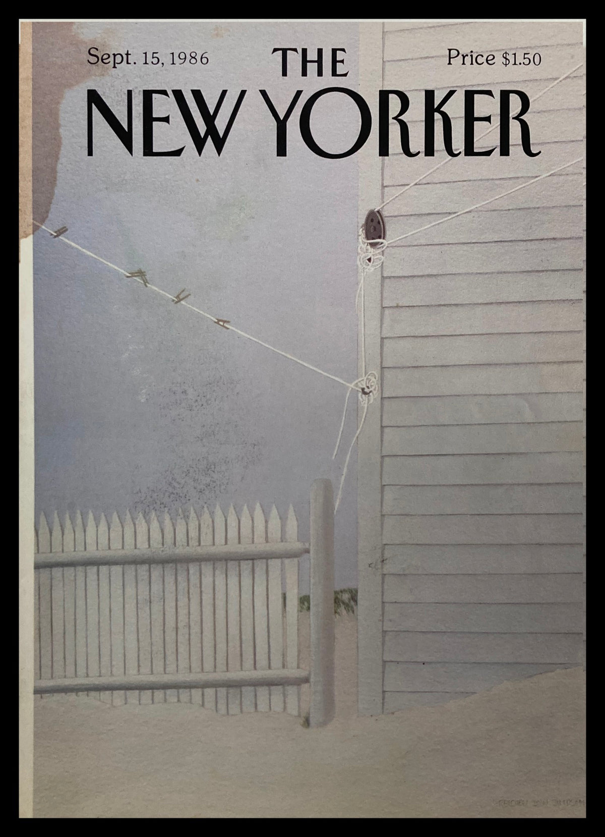 Cover of The New Yorker dated September 15, 1986, featuring a serene snowy day scene by G. D. Simpson, with details of a white fence and a house.