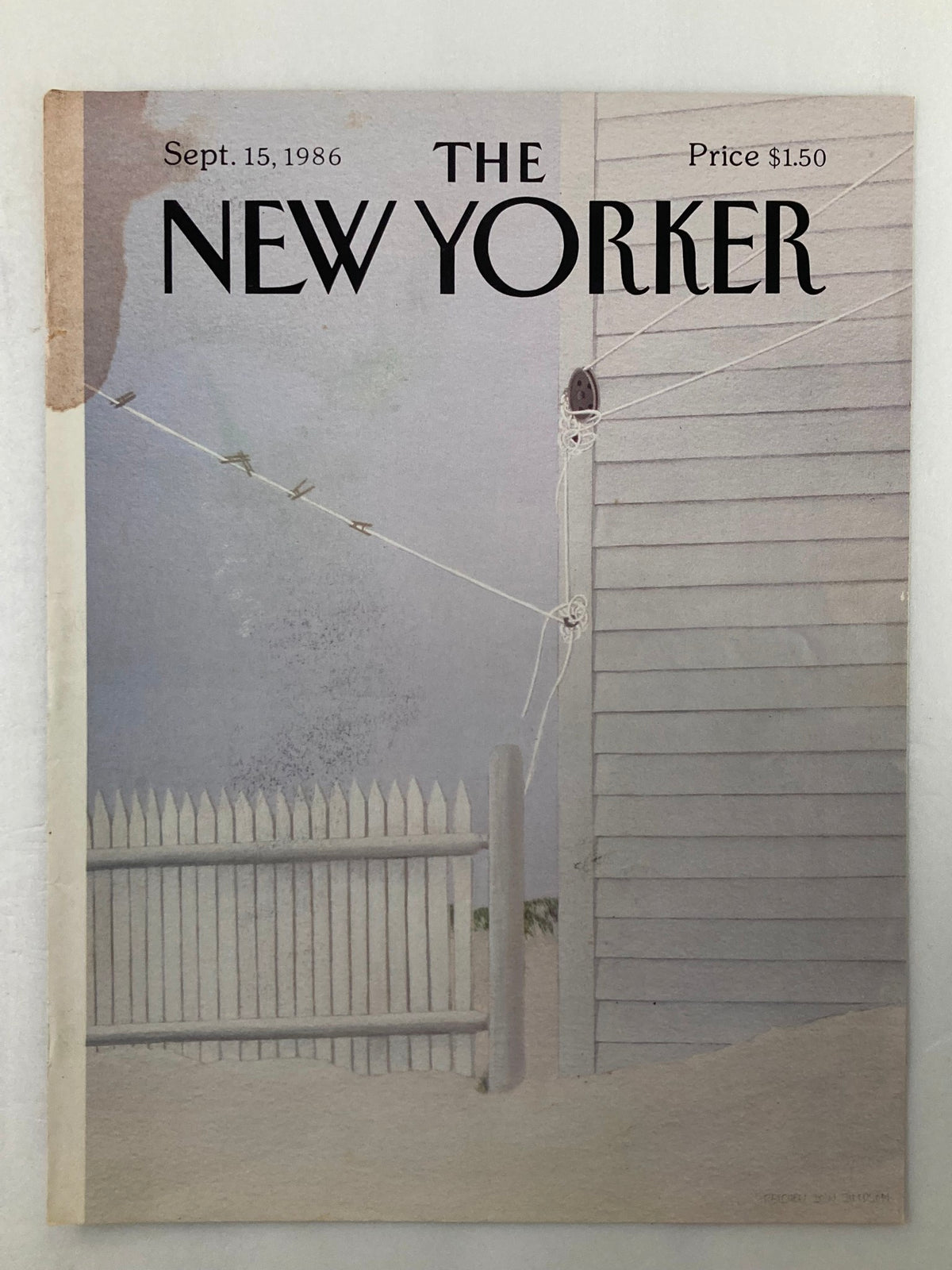 COVER ONLY The New Yorker September 15 1986 Snowy Day by G. D. Simpson showcasing a serene winter scene with a white picket fence and a snowy background.