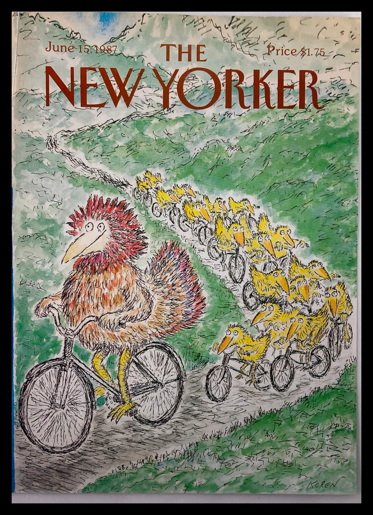 COVER ONLY The New Yorker June 15 1987 depicting an artistic illustration titled 'Follow Me' by Edward Koren, featuring a whimsical scene of a colorful bird leading a parade of smaller yellow birds on bicycles in a lush green landscape.