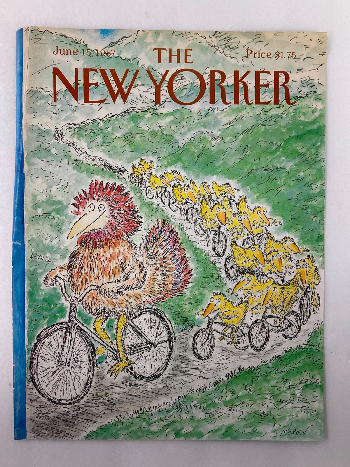 Cover of The New Yorker June 15 1987 featuring an illustration by Edward Koren, depicting a whimsical scene with a large colorful creature riding a bicycle surrounded by smaller creatures, all on a green landscape.