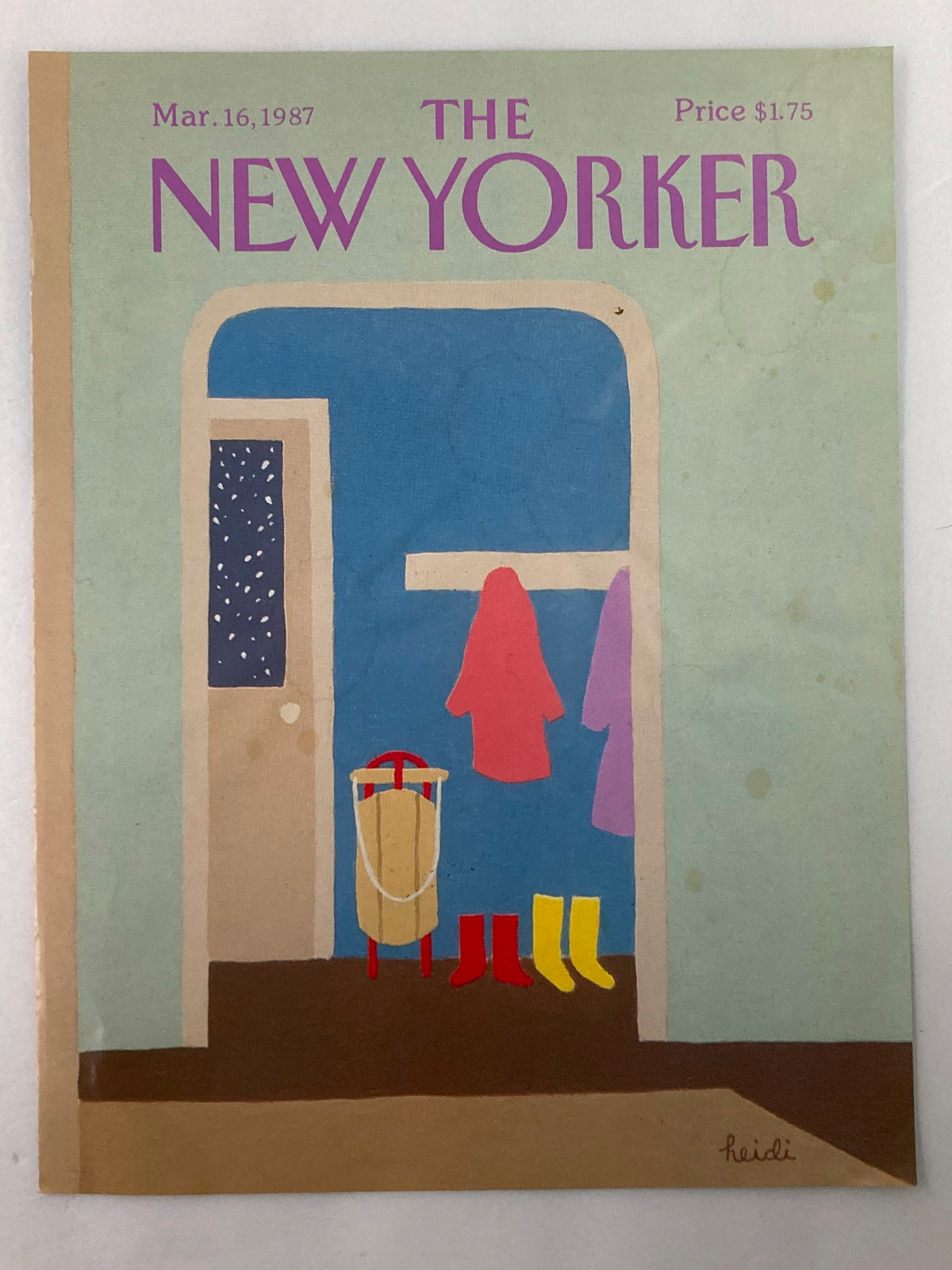 A close-up view of The New Yorker March 16, 1987 cover showcasing the vibrant colors and details of the raincoat illustration by Heidi Goennel.