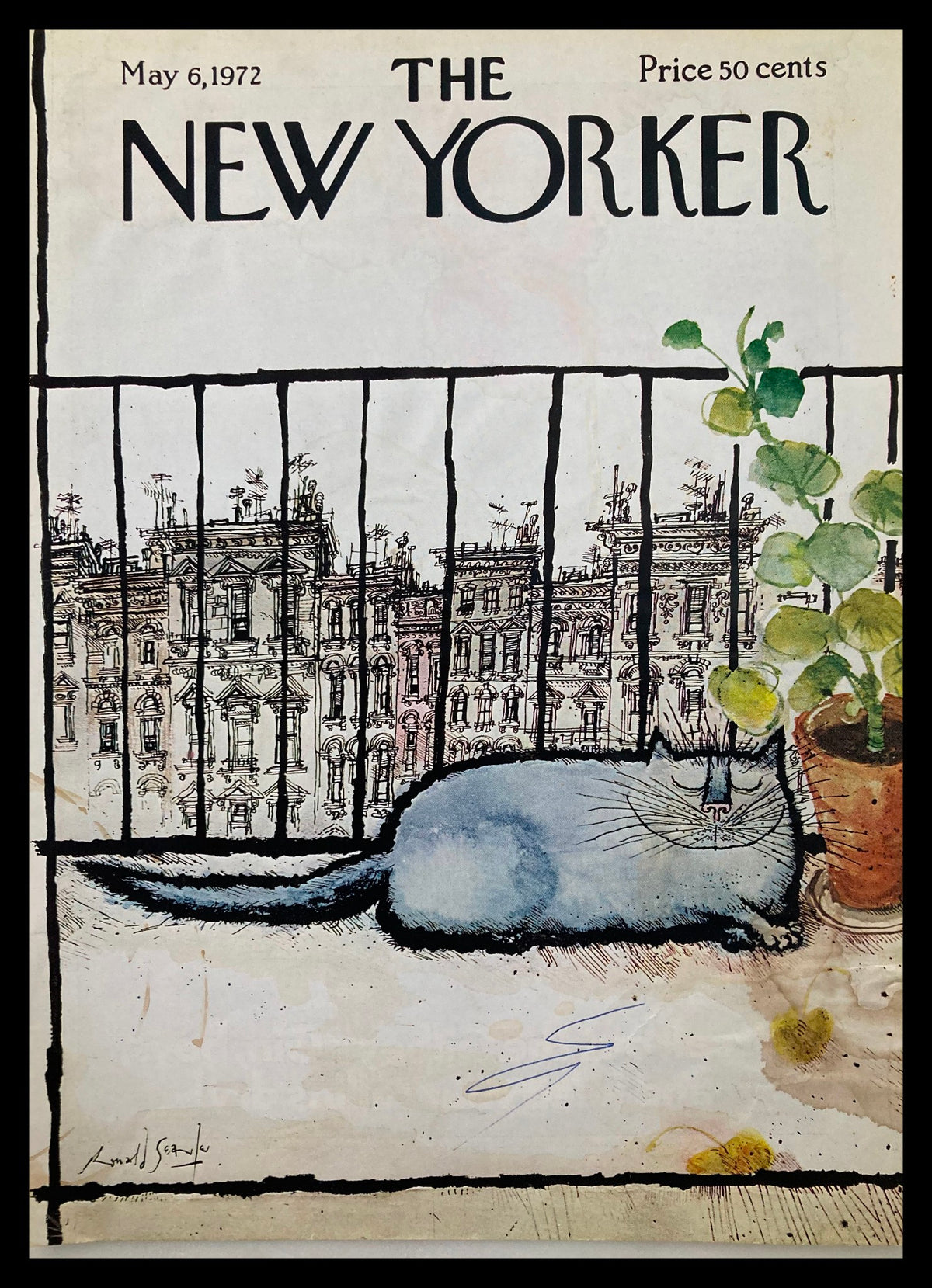 Cover of The New Yorker dated May 6, 1972, illustrated by Ronald Searle, featuring a whimsical blue cat lounging next to a potted plant with a view of city buildings in the background.