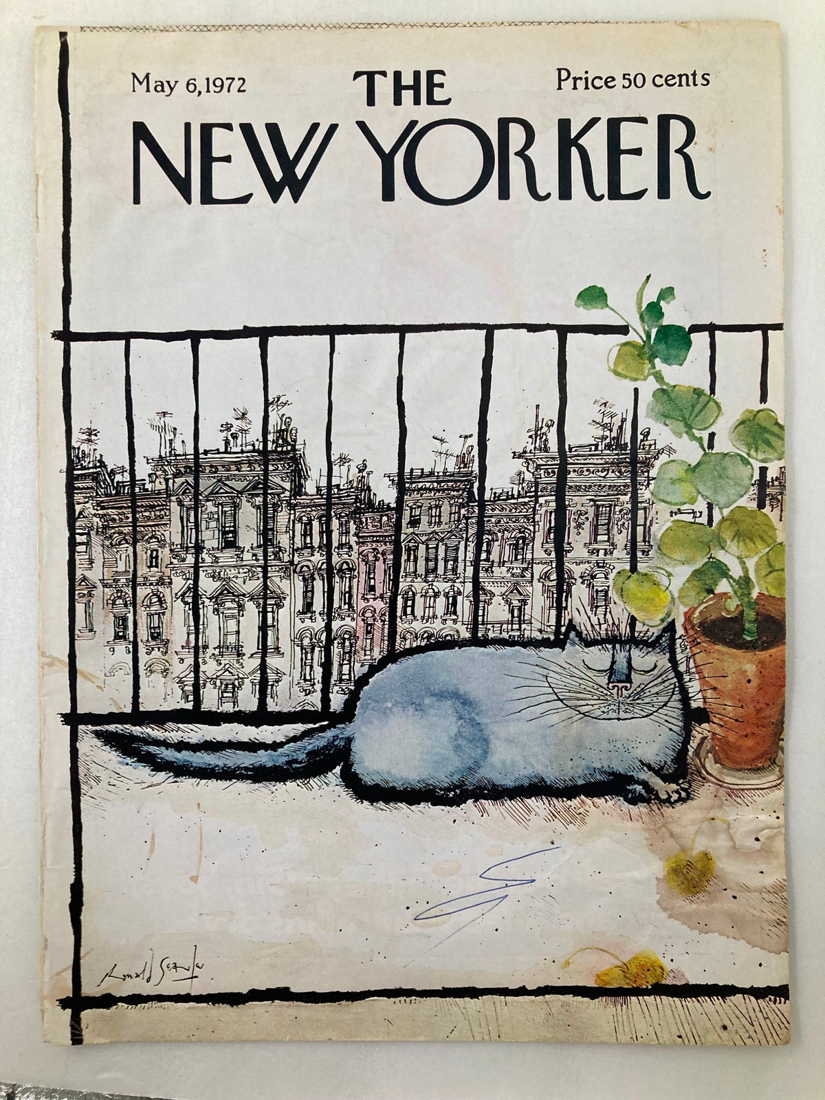 May 6, 1972 edition of The New Yorker cover, showcasing a charming illustration by Ronald Searle of a blue cat on a balcony with pot plants and city architecture.