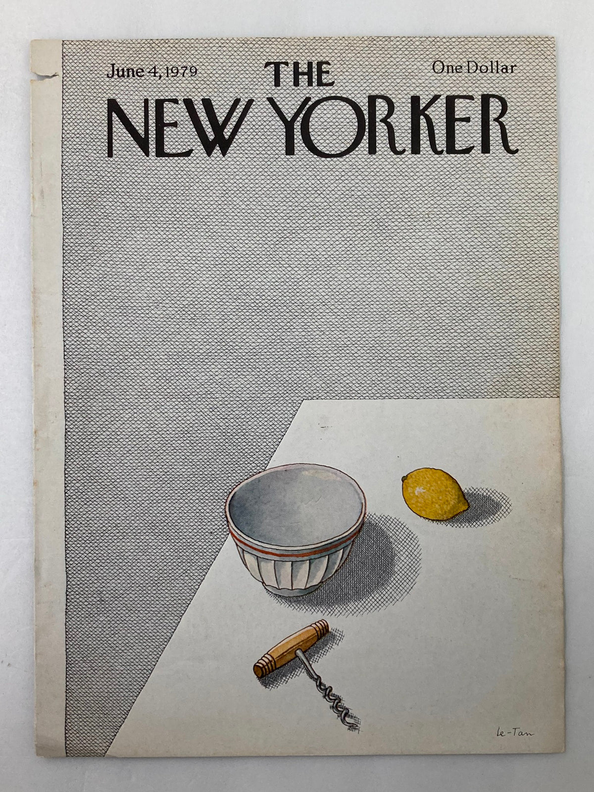 Cover of The New Yorker magazine from June 4, 1979 titled 'COVER ONLY The New Yorker June 4 1979 Lemon Squeeze by Pierre Le-Tan No Label'. The design showcases a bowl, a lemon, and a corkscrew.