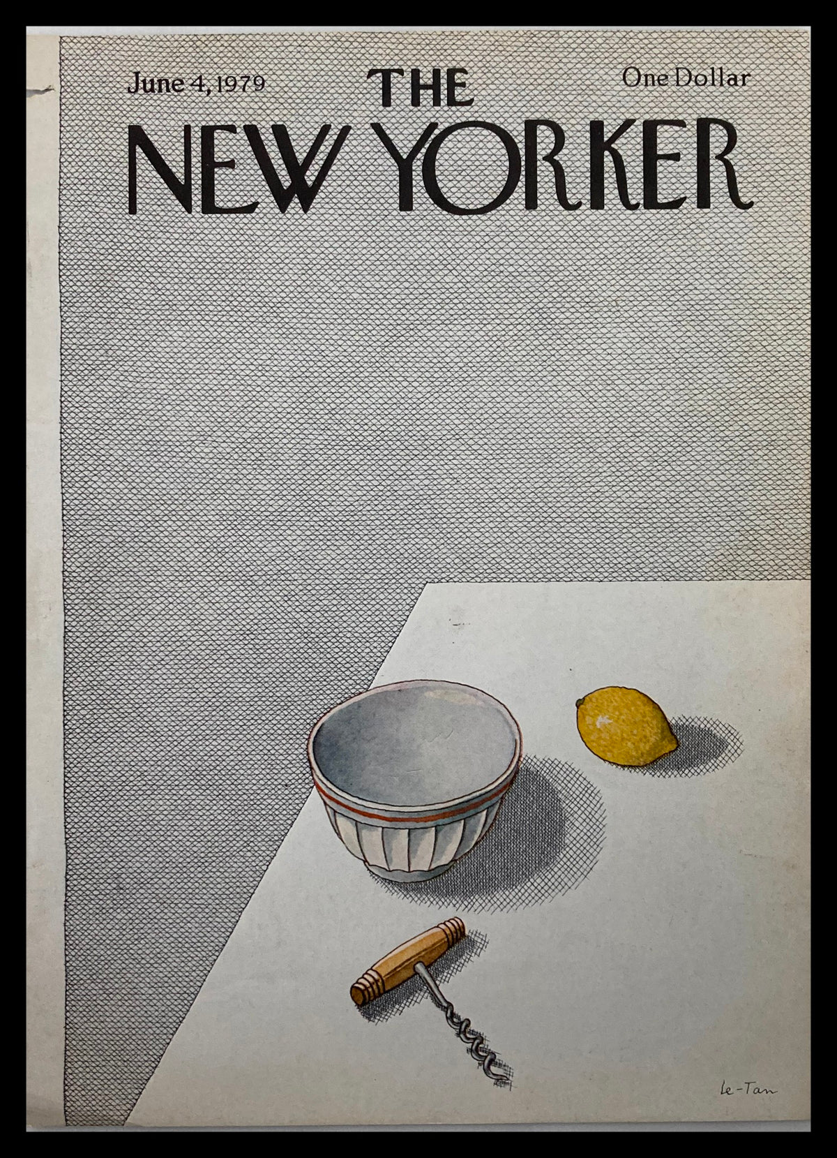 Cover of The New Yorker magazine from June 4, 1979 titled 'COVER ONLY The New Yorker June 4 1979 Lemon Squeeze by Pierre Le-Tan No Label'. The illustration features a bowl, a lemon, and a corkscrew on a simple background.