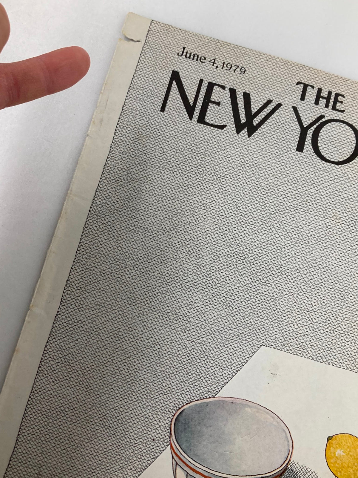 Close-up of The New Yorker magazine cover dated June 4, 1979 titled 'COVER ONLY The New Yorker June 4 1979 Lemon Squeeze by Pierre Le-Tan No Label', focusing on the top corner where a small tear is present.