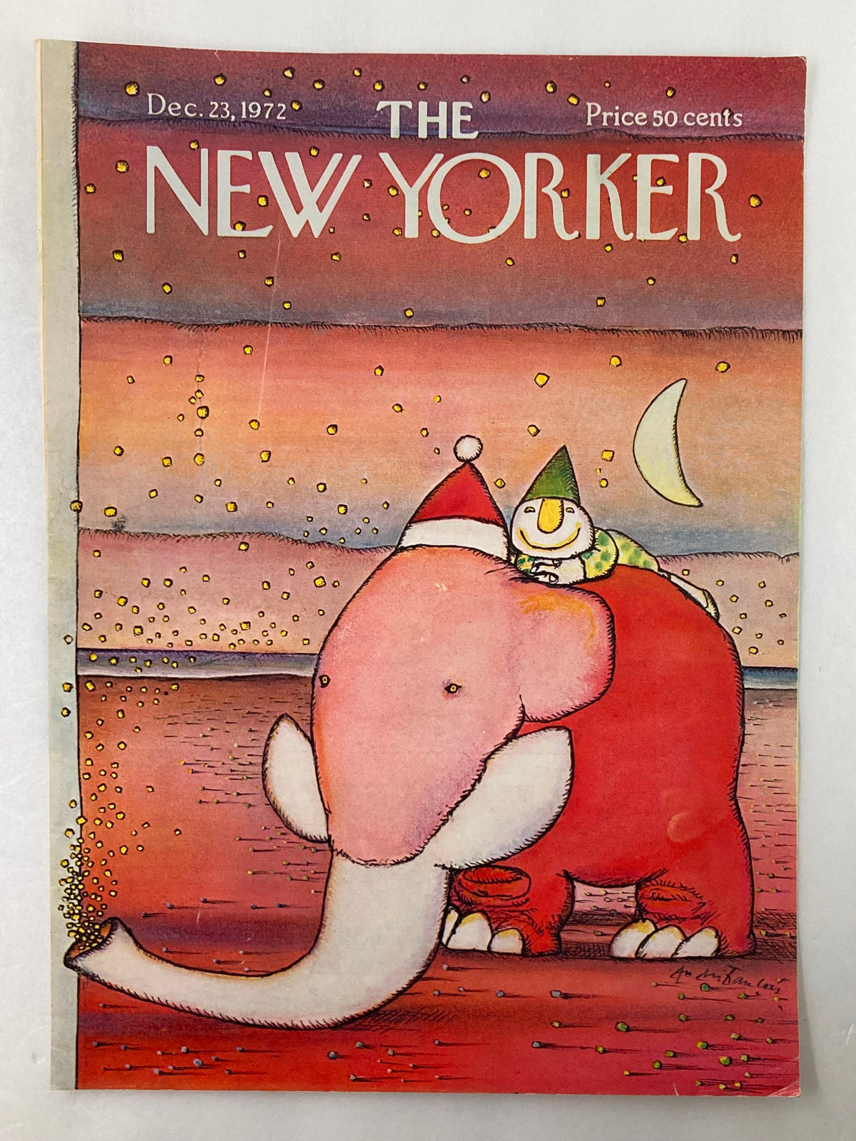 The New Yorker cover from December 23, 1972, showcasing an elephant with a Santa hat and a snowman, creating a charming holiday scene.