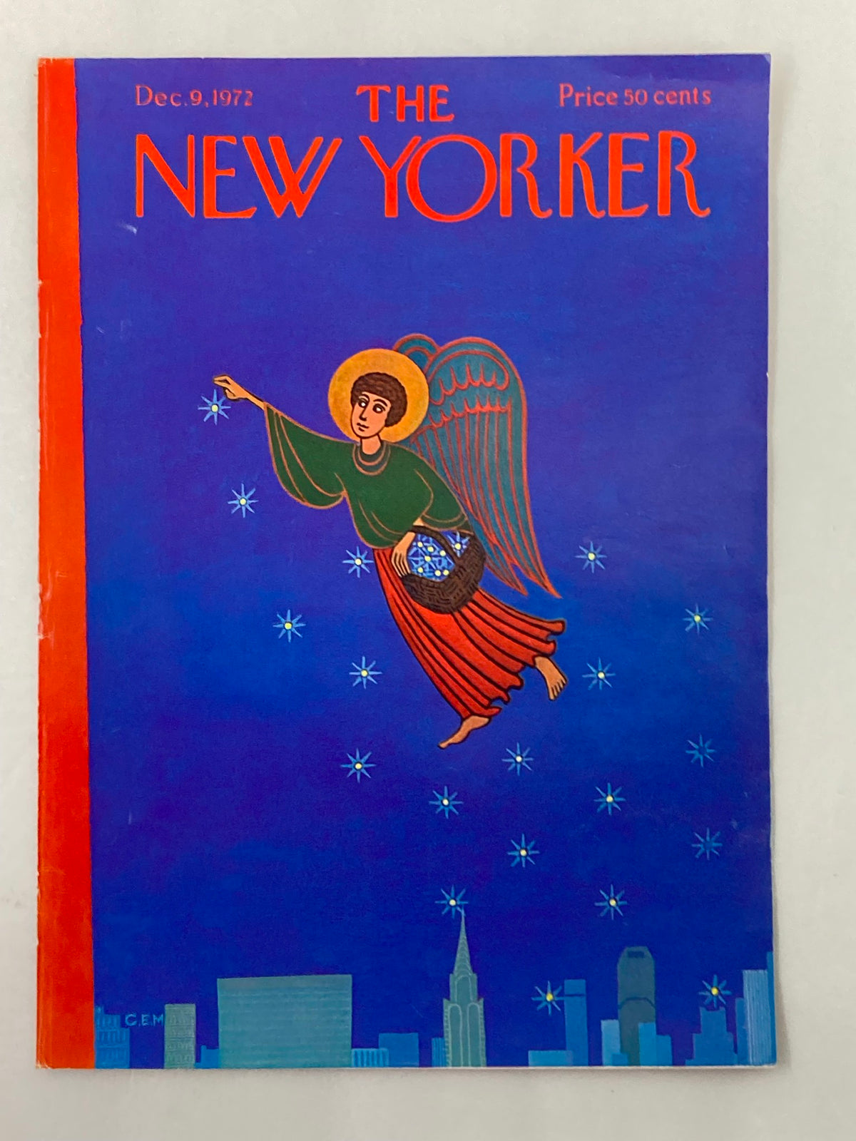 Vintage cover of The New Yorker, December 9, 1972, entitled 'Holy Night' by Charles Martin, depicting an angel reaching out in a star-filled sky.