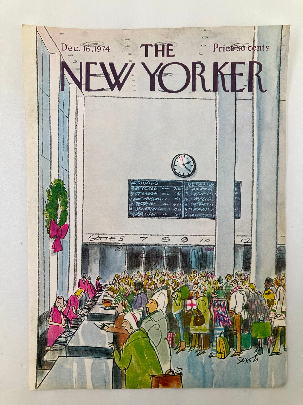 COVER ONLY The New Yorker December 16 1974 Airport Rush by C. Saxon, showcasing a detailed depiction of airport life with travelers and departure boards in a nostalgic setting.