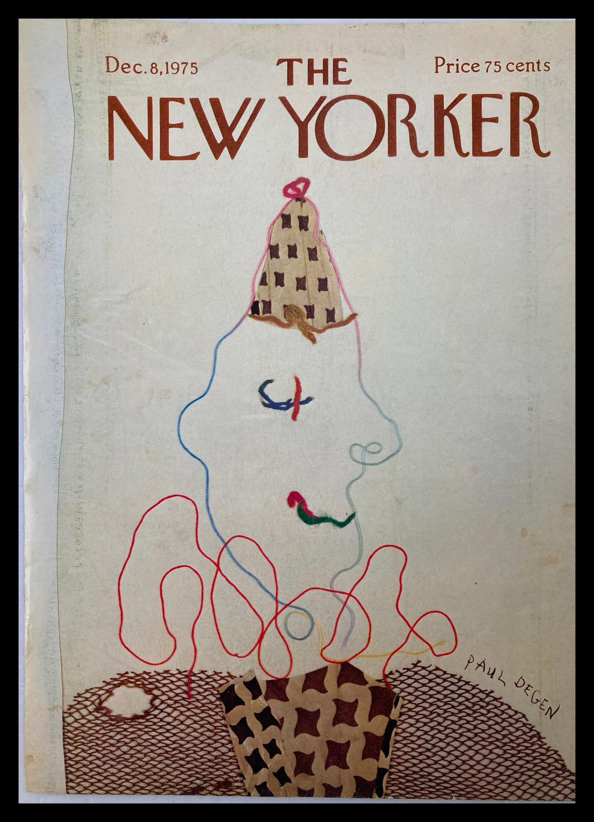 Vintage cover of The New Yorker from December 8, 1975, illustrating Threadman by Paul Degen, featuring colorful abstract artwork.