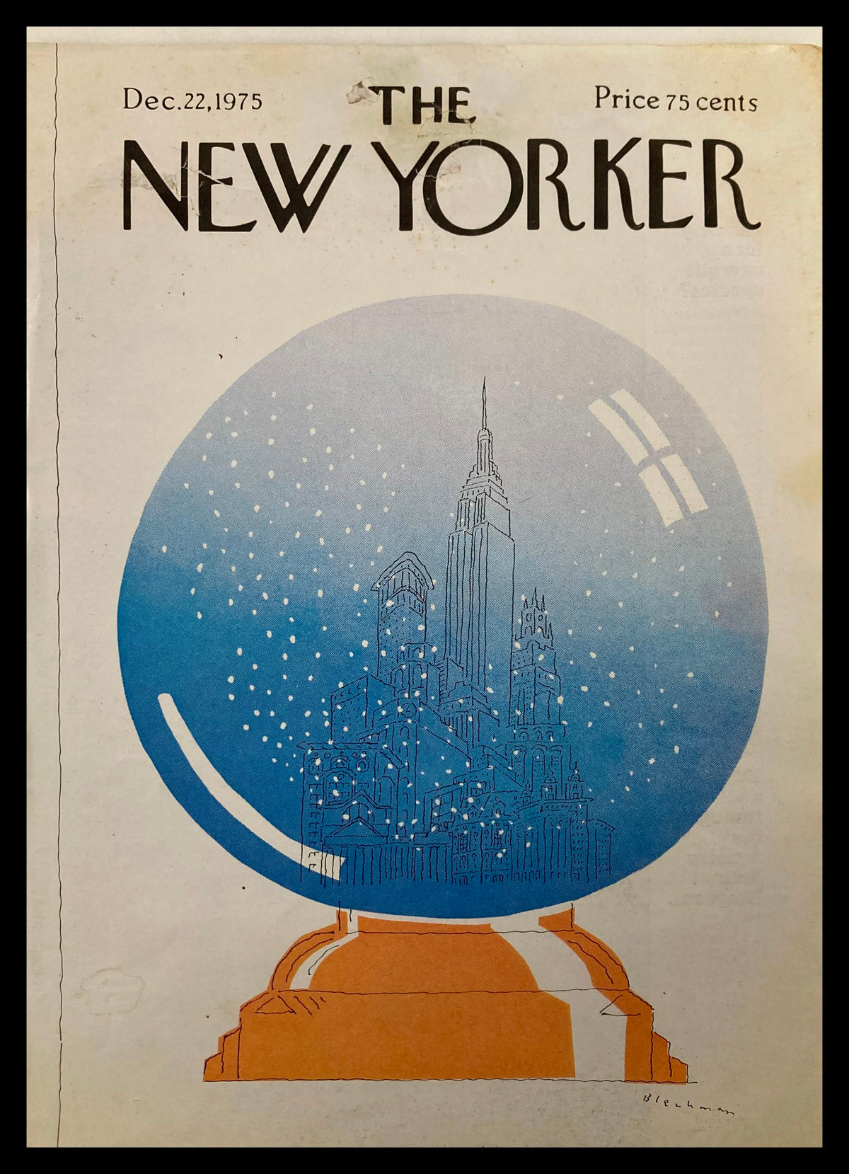 COVER ONLY The New Yorker December 22 1975 Snowglobe by R.O. Blechman, featuring a whimsical snow globe design with the Empire State Building and falling snowflakes. Ideal for collectors of vintage magazine art.