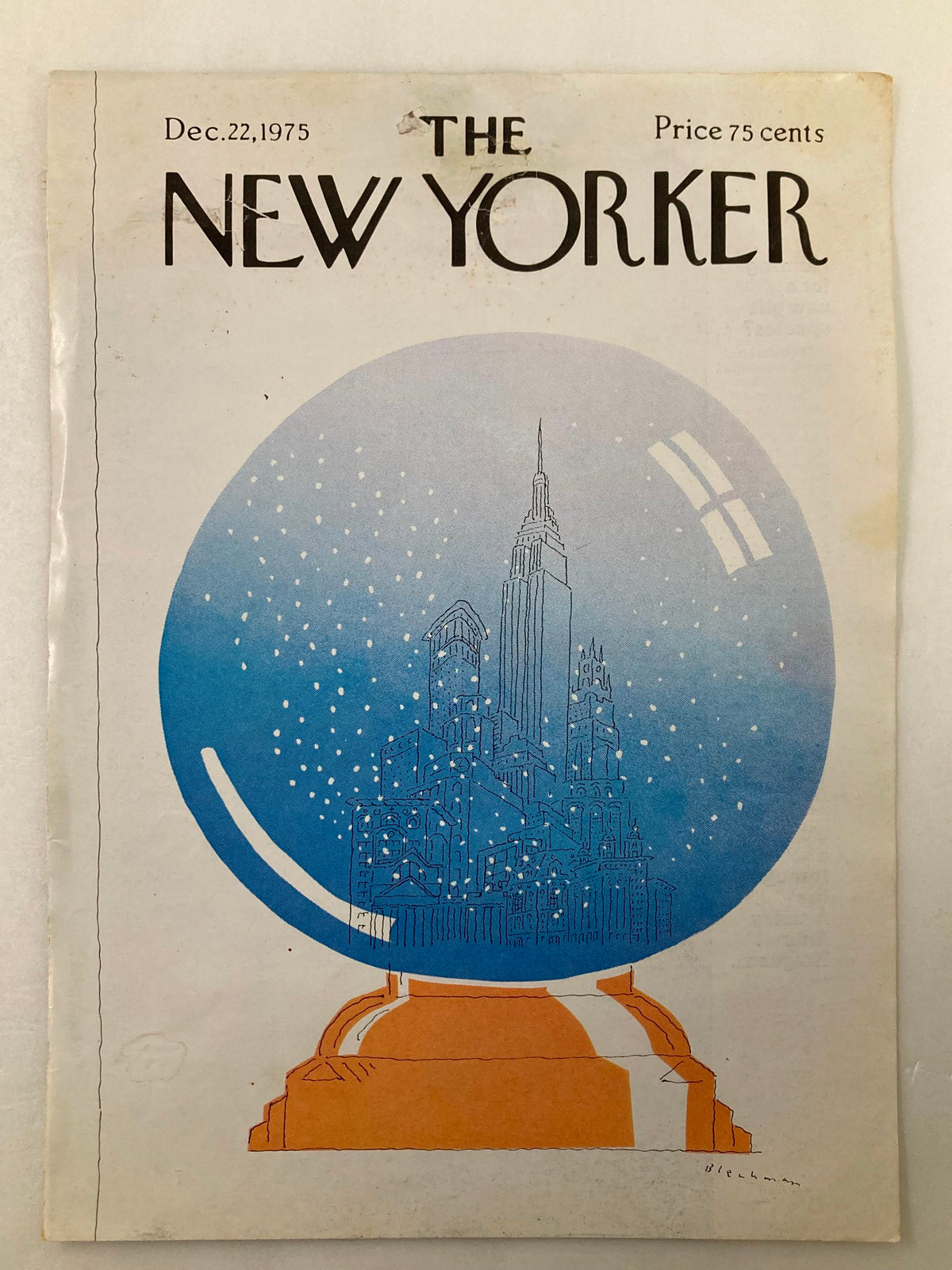 COVER ONLY The New Yorker December 22 1975 Snowglobe by R.O. Blechman, showcasing a colorful illustration of a holiday snow globe, perfect for framing or display in a home or office setting.