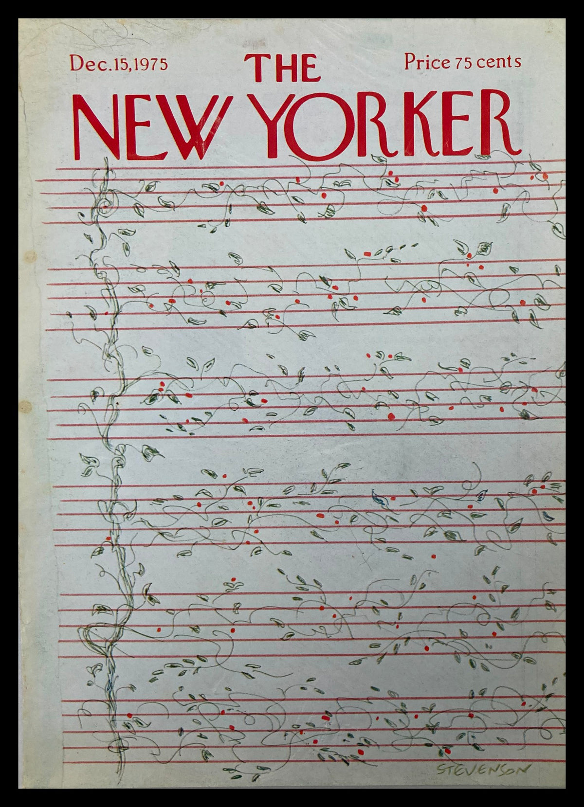 Cover of The New Yorker December 15, 1975 featuring the artwork titled 'Flower Notes' by Stevenson, showcasing delicate floral designs on a soft background.