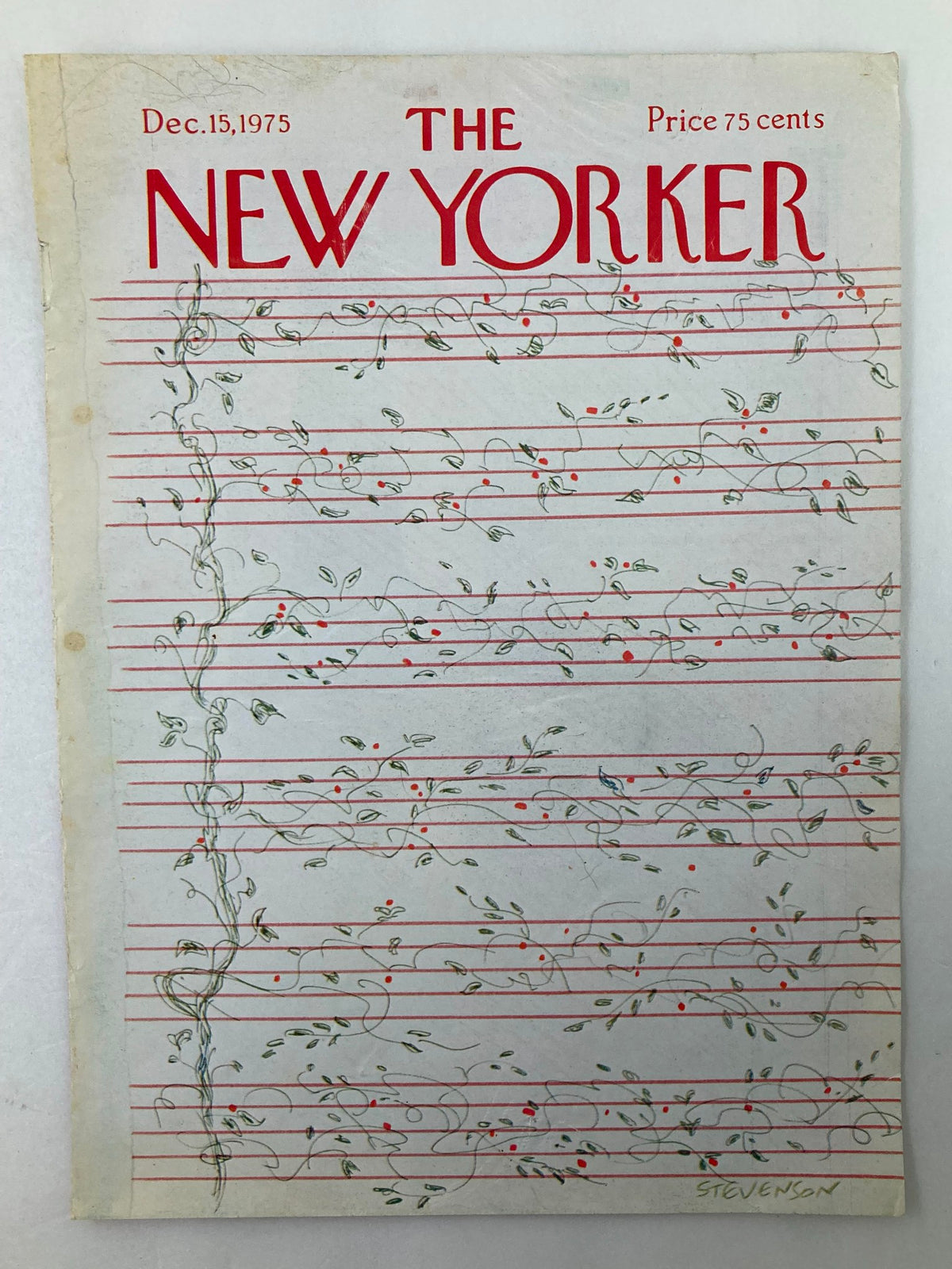 Cover of The New Yorker December 15, 1975 with the artwork 'Flower Notes' by Stevenson, displaying intricate vines and red accents.