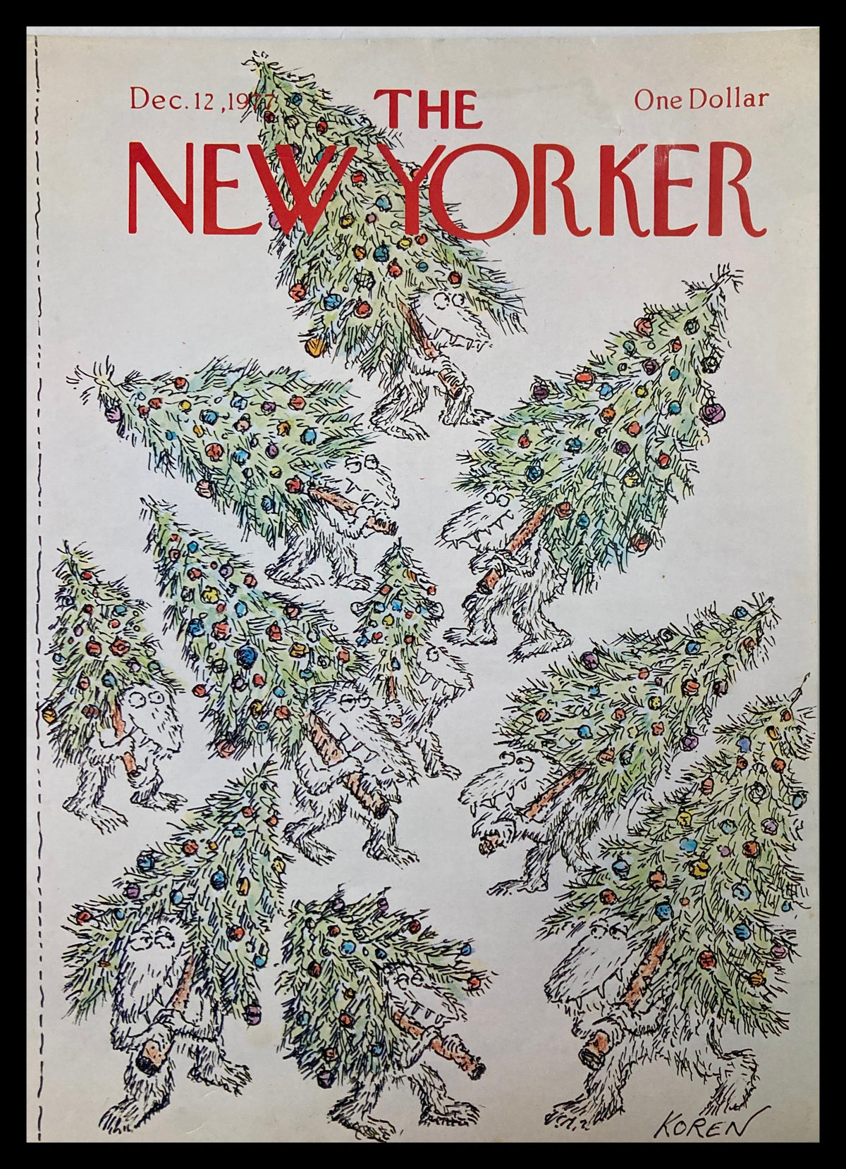 COVER ONLY The New Yorker December 12 1977 featuring the whimsical illustration "Own Trees" by Edward Koren, depicting trees personified as creatures, showcasing humor and artistry.