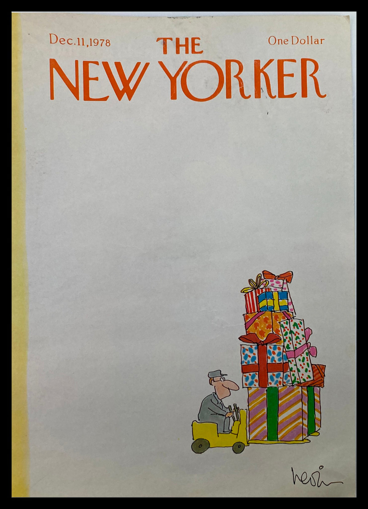 Cover of The New Yorker magazine dated December 11, 1978, featuring artwork by Heidi Goennel, depicting a man driving a yellow vehicle stacked with colorful gift boxes.