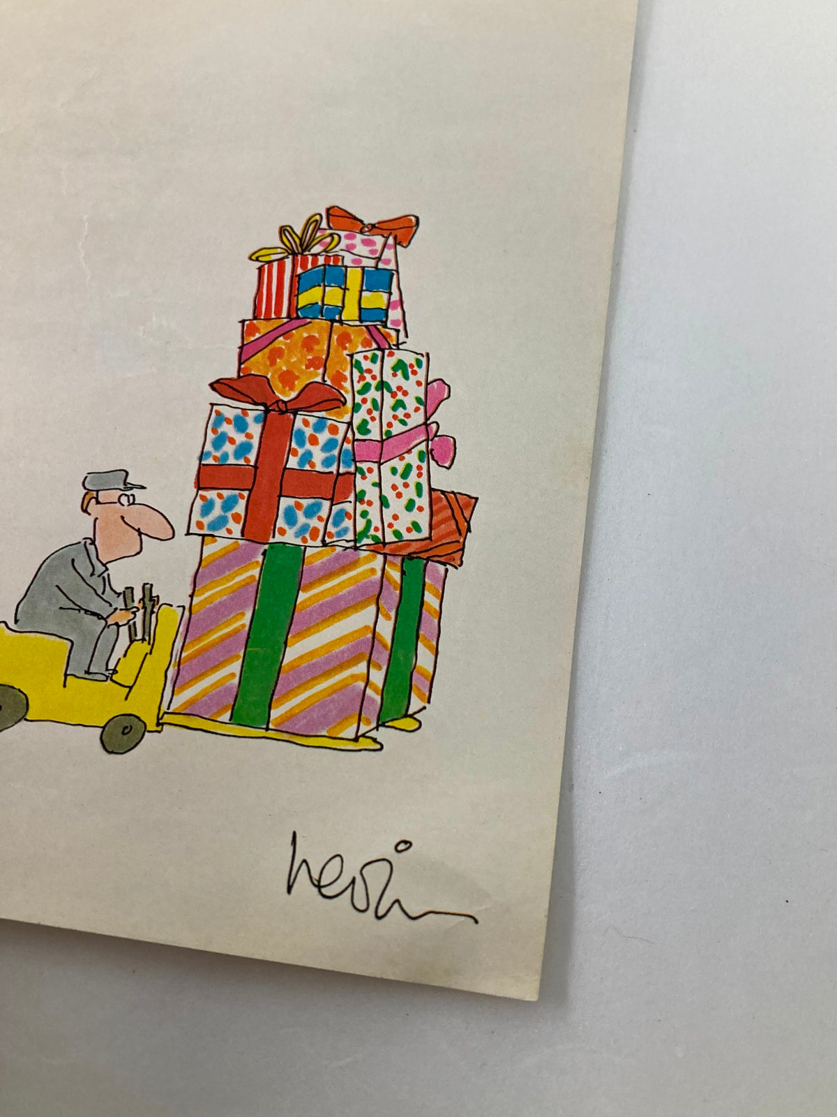 Detailed view of the December 11, 1978 The New Yorker magazine cover artwork by Heidi Goennel, showcasing a character in a yellow vehicle surrounded by vibrant gift boxes.