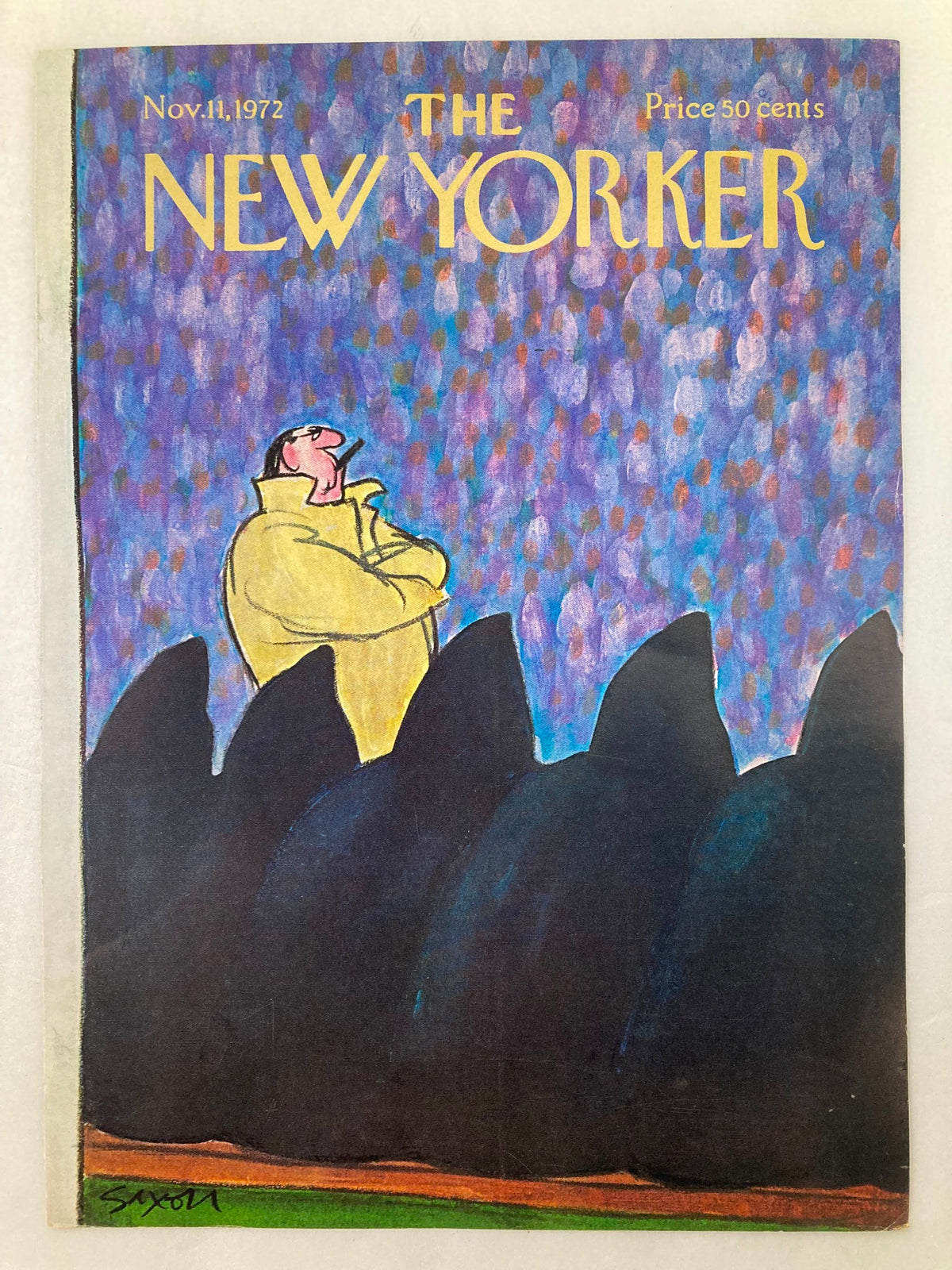 The New Yorker cover 'Big Boss' by Charles Saxon, showcasing a man in a yellow coat with a colorful backdrop, dated November 11, 1972.