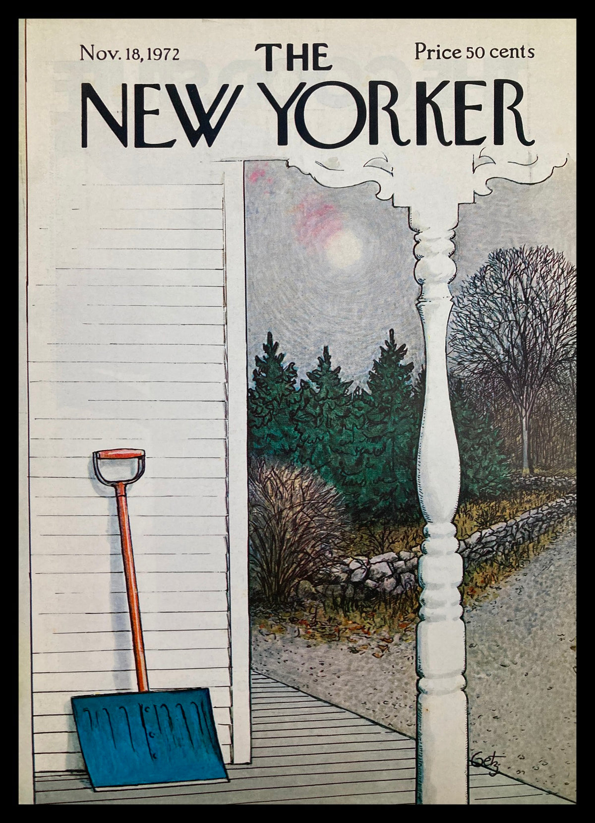 The New Yorker cover from November 18, 1972, featuring a Blue Shovel illustration by Arthur Getz. The artwork showcases a shovel leaning against a house with an artistic depiction of trees in the background, perfect for vintage art collectors.
