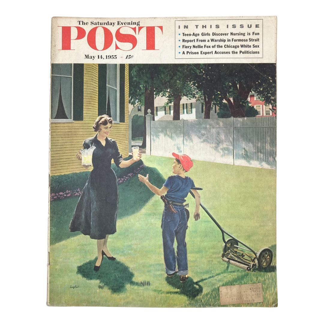 Cover of the Saturday Evening Post Magazine dated May 14, 1955, featuring a woman serving lemonade to a boy with a lawnmower in a suburban garden, illustrated by George Hughes.