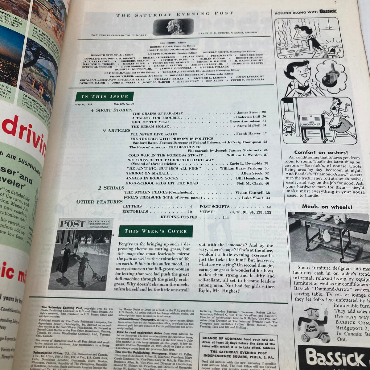Inside pages of the Saturday Evening Post Magazine dated May 14, 1955, showcasing the table of contents and articles including story summaries and editorial notes.