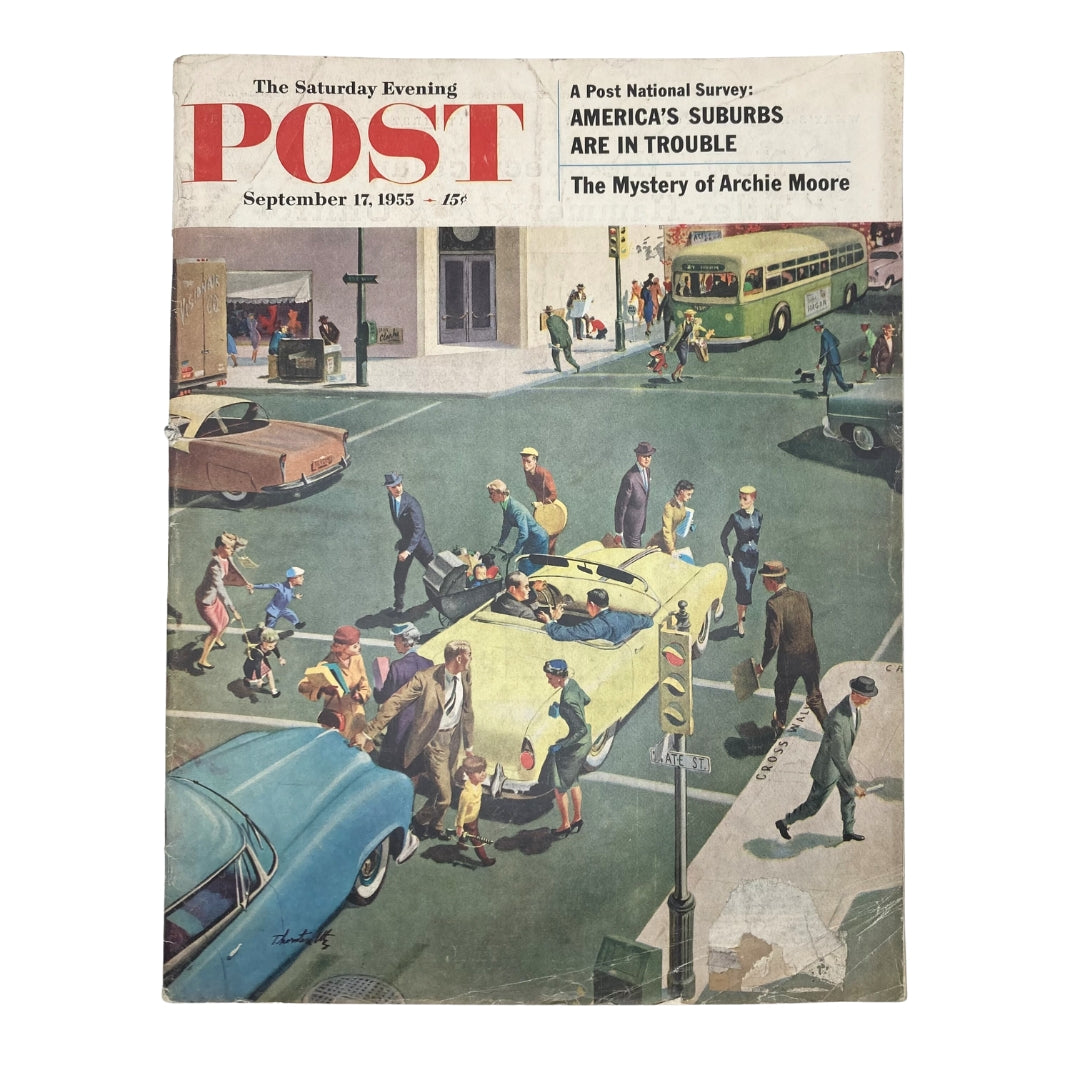 Cover of the Saturday Evening Post Magazine from September 17, 1955, featuring an illustration by Thornton Utz depicting bustling pedestrians crossing the street, capturing the essence of mid-20th century urban life.