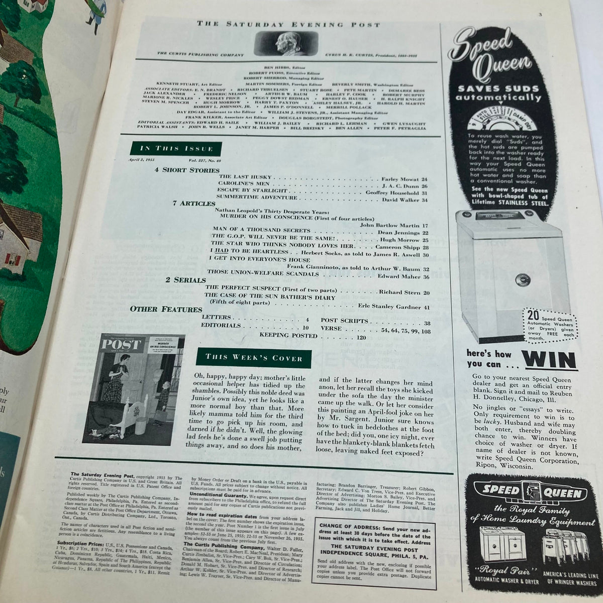 Inside page of the Saturday Evening Post Magazine April 2 1955 featuring the table of contents and this week's cover description, highlighting the art by Dick Sargent.