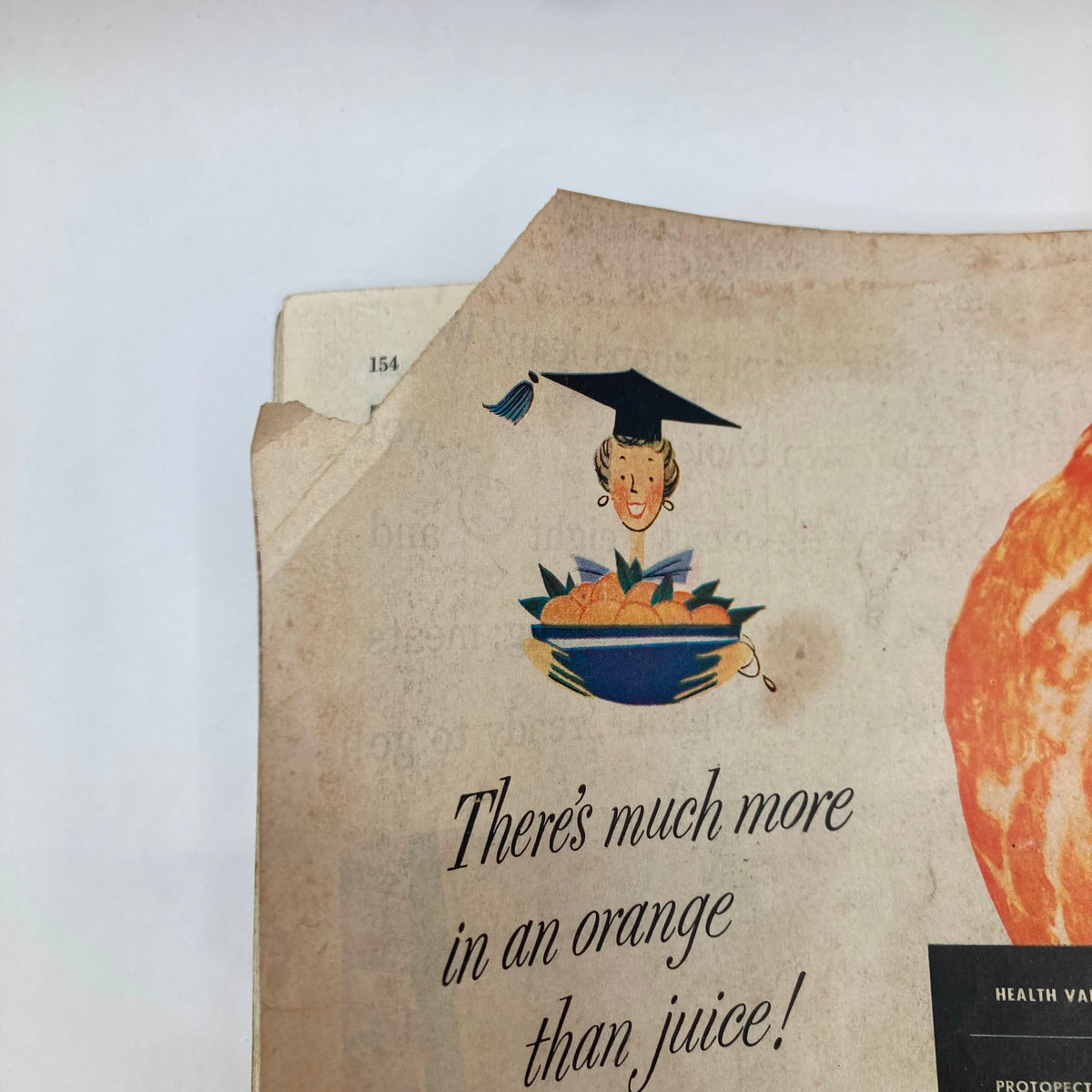 Close-up of back cover of the Saturday Evening Post Magazine, September 24, 1955, showcasing an illustrated character promoting the health benefits of oranges with the tagline 'There's much more in an orange than juice!'.
