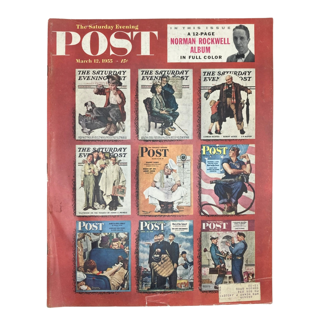 Cover of Saturday Evening Post Magazine from March 12, 1955 featuring a collage of Norman Rockwell illustrations. Full color magazine showcase of Americana and 1950s culture.