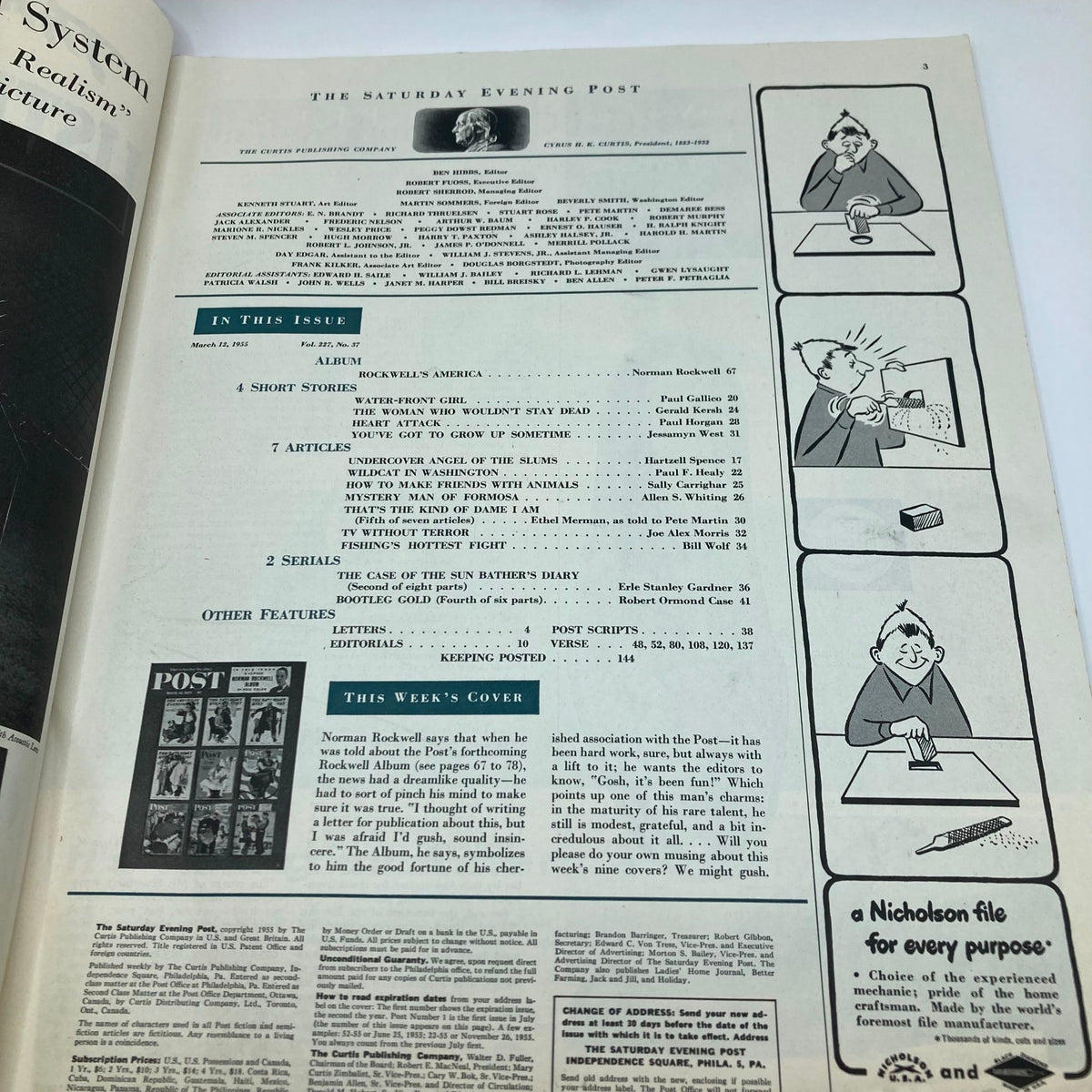 Interior page from the Saturday Evening Post Magazine March 12, 1955 displaying the table of contents and featuring the upcoming Norman Rockwell album.