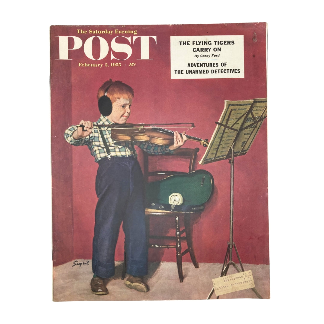 Cover of Saturday Evening Post Magazine February 5, 1955 featuring the illustration 'Little Charley' by Dick Sargent, depicting a young boy playing the violin.