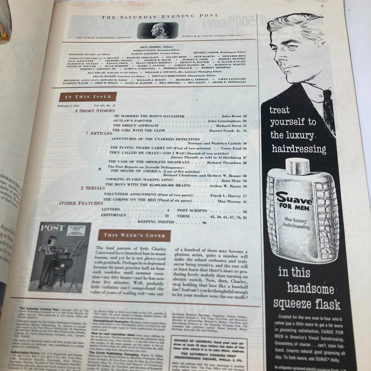 Inside page of the Saturday Evening Post Magazine February 5, 1955 showcasing the table of contents and featured articles including 'The Flying Tigers Carry On'.