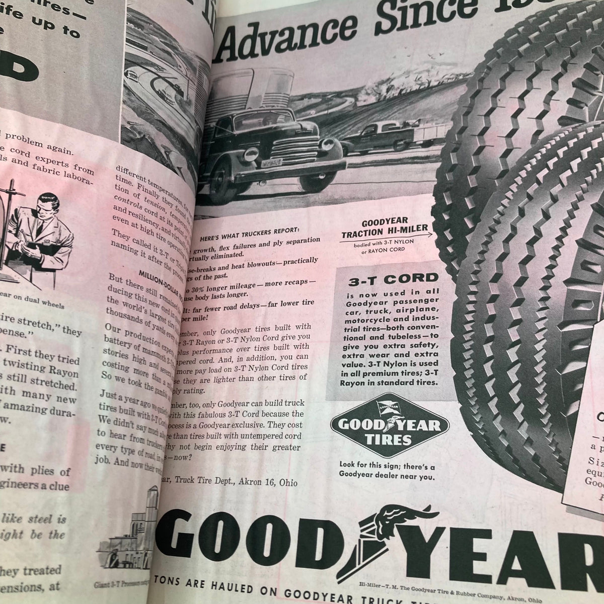 Vintage advertisement from Saturday Evening Post Magazine April 23, 1955, promoting Goodyear tires, emphasizing quality and performance in a classic mid-century design.