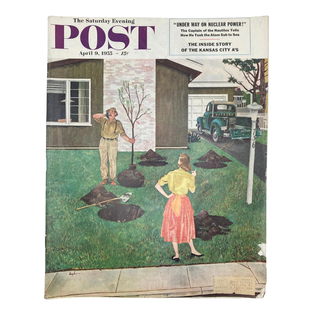 Cover of Saturday Evening Post Magazine dated April 9, 1955, featuring artwork by Mr. Underwood and Hughes, depicting a man and woman in a garden setting.
