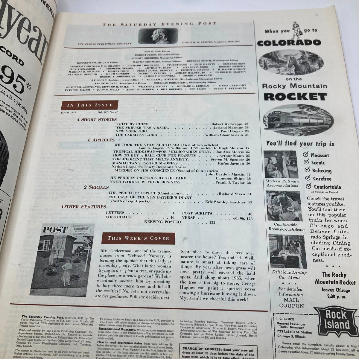 Interior page from the Saturday Evening Post Magazine dated April 9, 1955, listing contents including articles and stories.