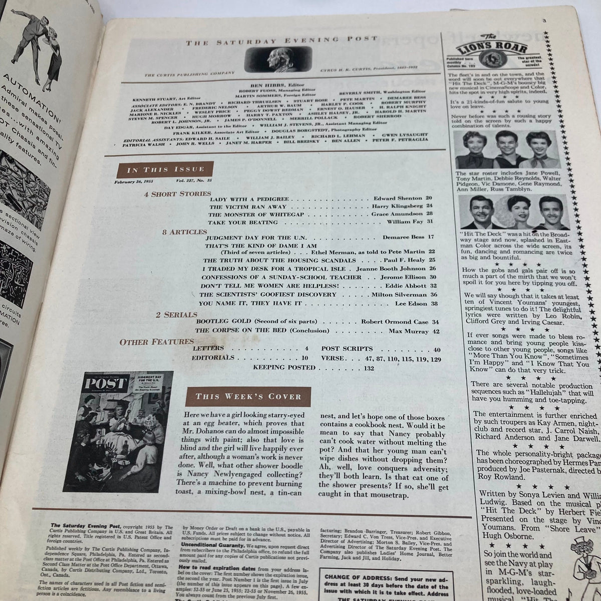 Inside page of the Saturday Evening Post Magazine from February 26, 1955 featuring the table of contents and details about the issue, including articles and features.