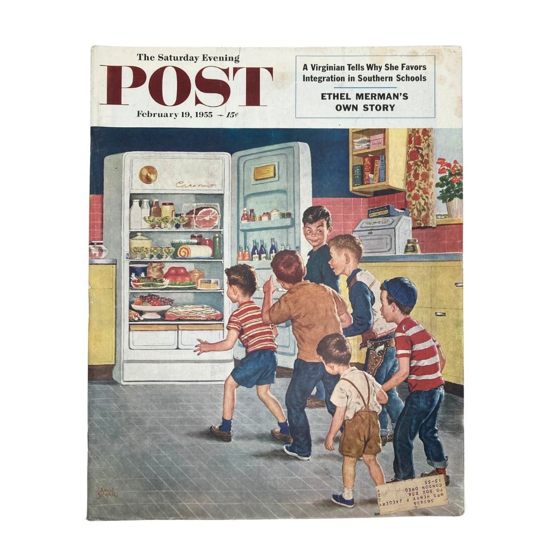Cover of the Saturday Evening Post Magazine February 19 1955 featuring the artwork 'Teeny Taste' by Amos Sewell, depicting children excitedly looking into a refrigerator.