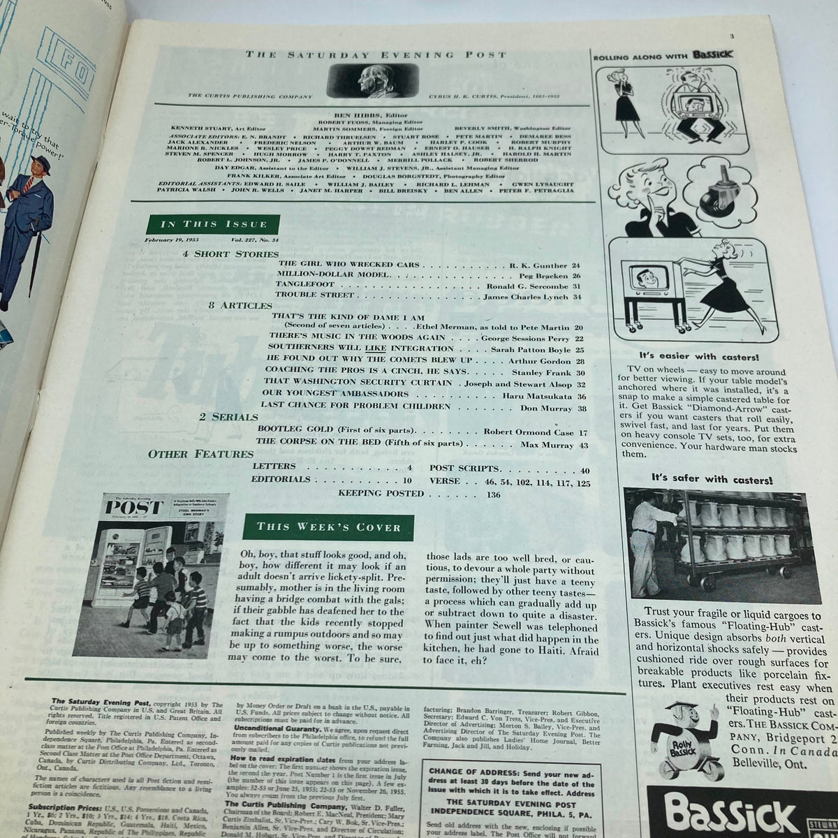 Interior page of the Saturday Evening Post Magazine February 19 1955 displaying articles and features, including a summary of the week's cover and editorial content.