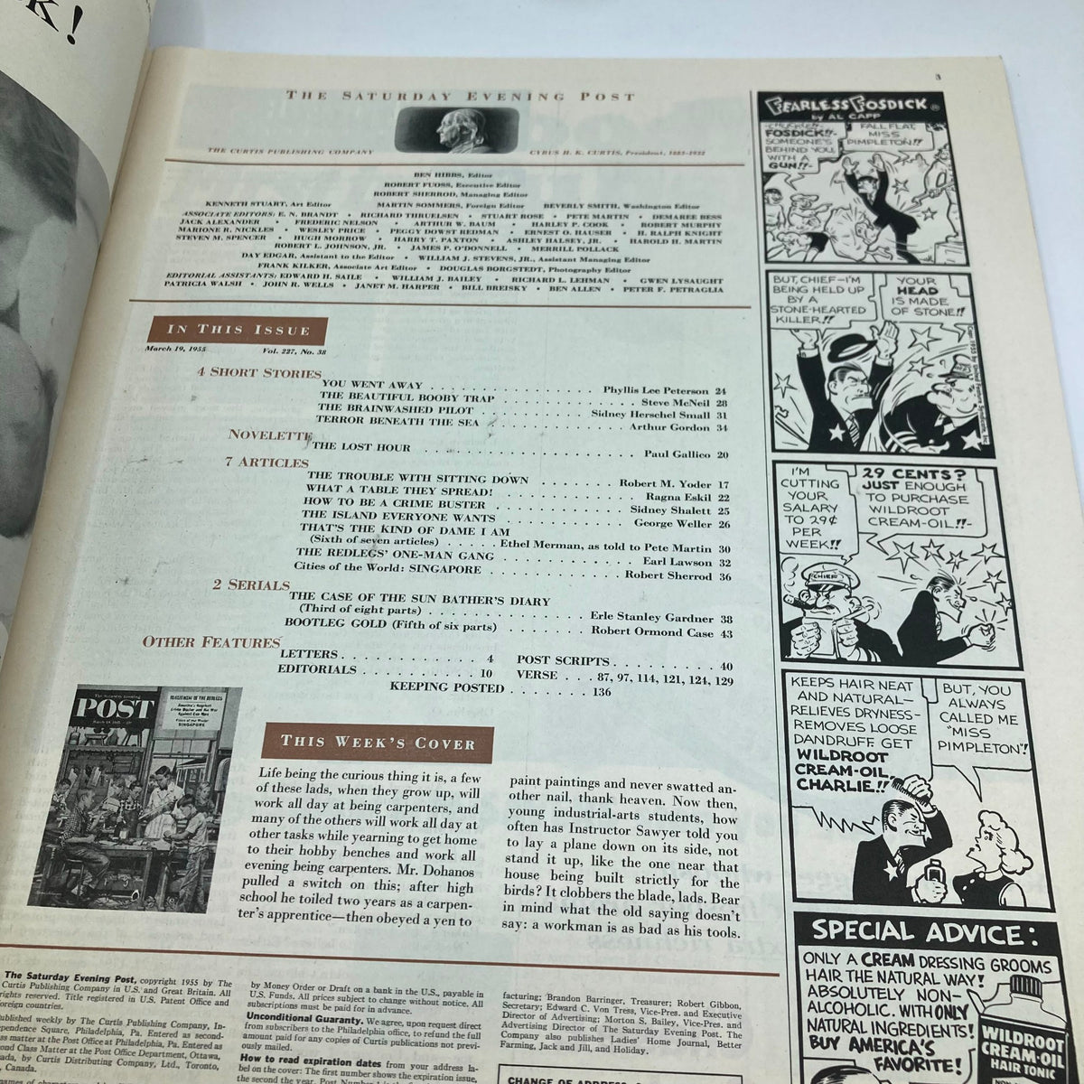 Interior page of the Saturday Evening Post Magazine March 19 1955 showcasing various articles and illustrations, including a feature on the cover art titled 'Hobby Benches' by Stevan Dohanos.