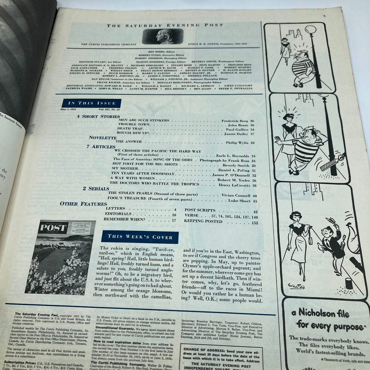 Interior page of Saturday Evening Post Magazine May 7 1955 displaying table of contents and featured articles.
