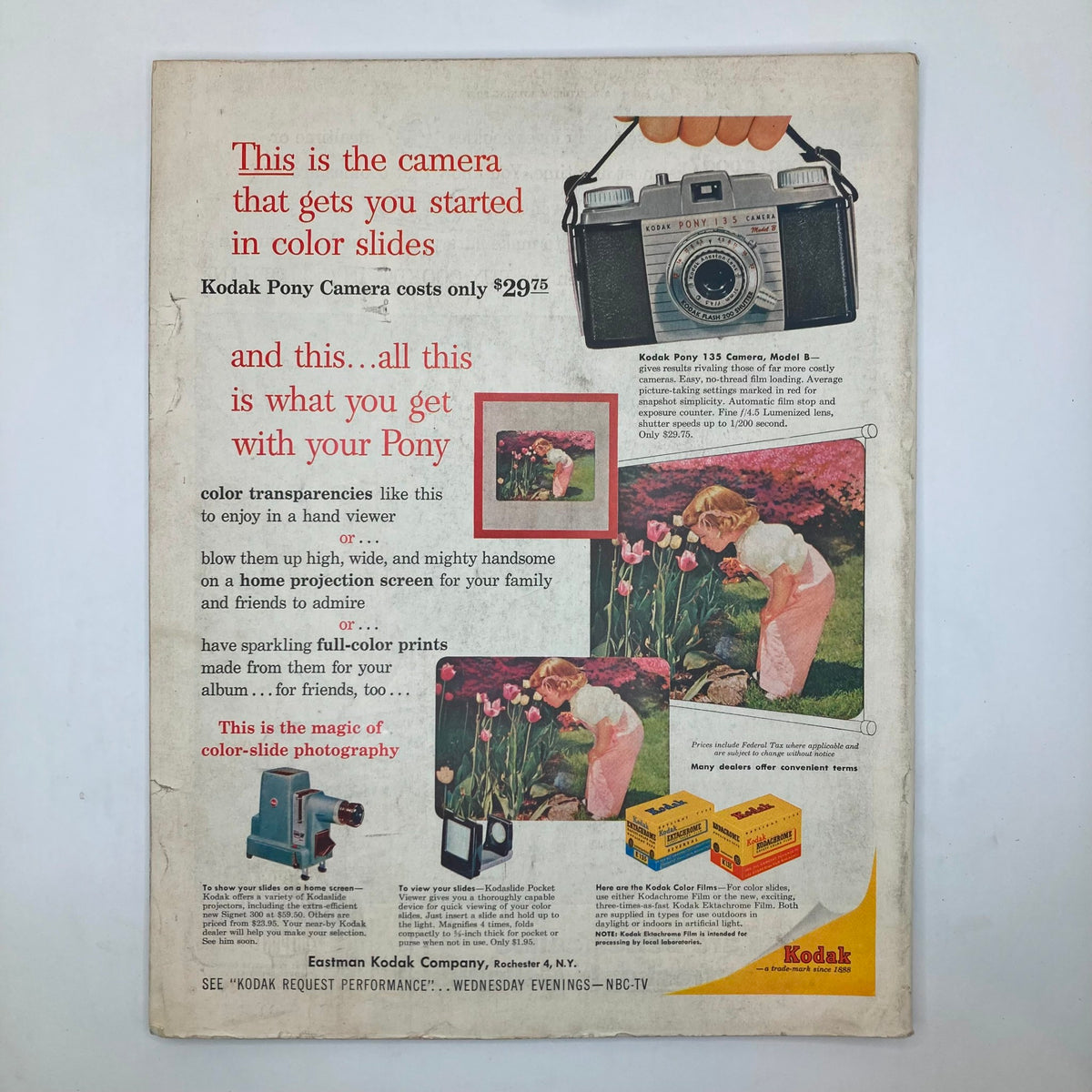 Back cover of Saturday Evening Post Magazine May 7 1955 advertising Kodak Pony camera, emphasizing color slide photography.