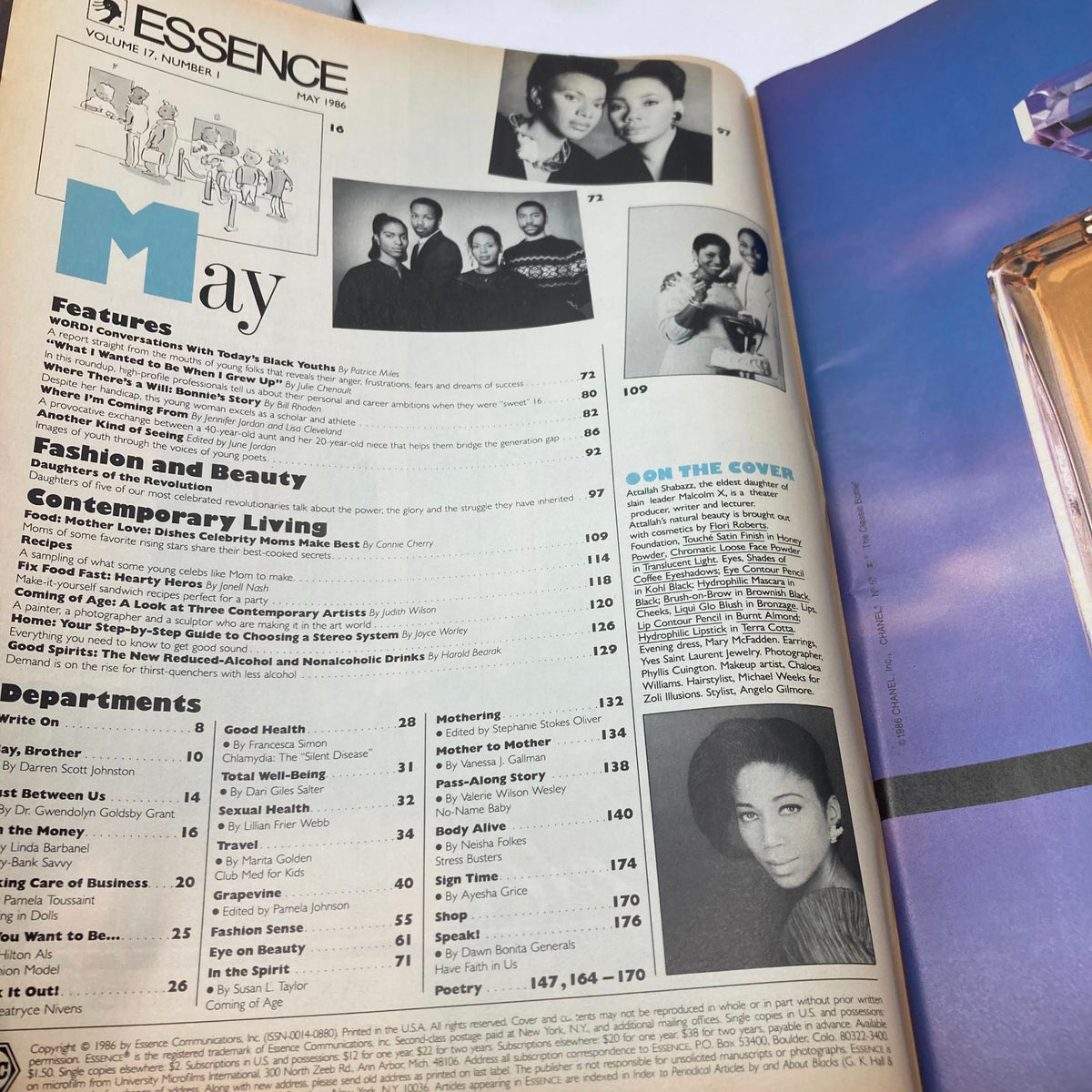 Inside page of Essence Magazine May 1986 showcasing features and articles, including content related to Attallah Shabazz, Malcolm X's daughter.