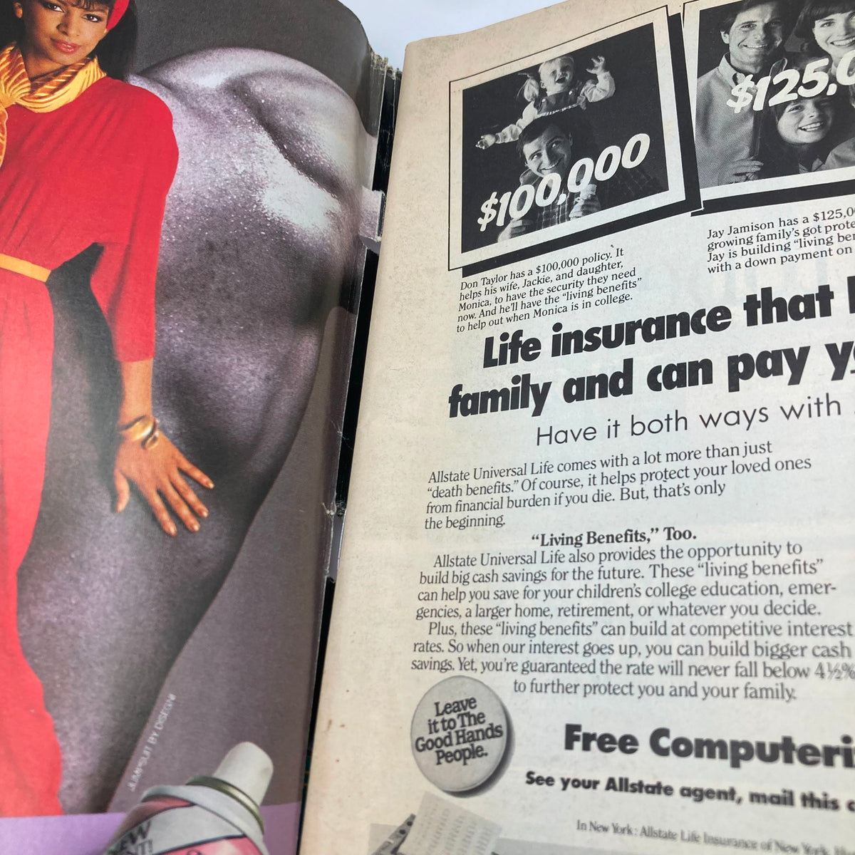 An interior page from Essence Magazine October 1986 featuring an advertisement discussing life insurance benefits in the context of family.