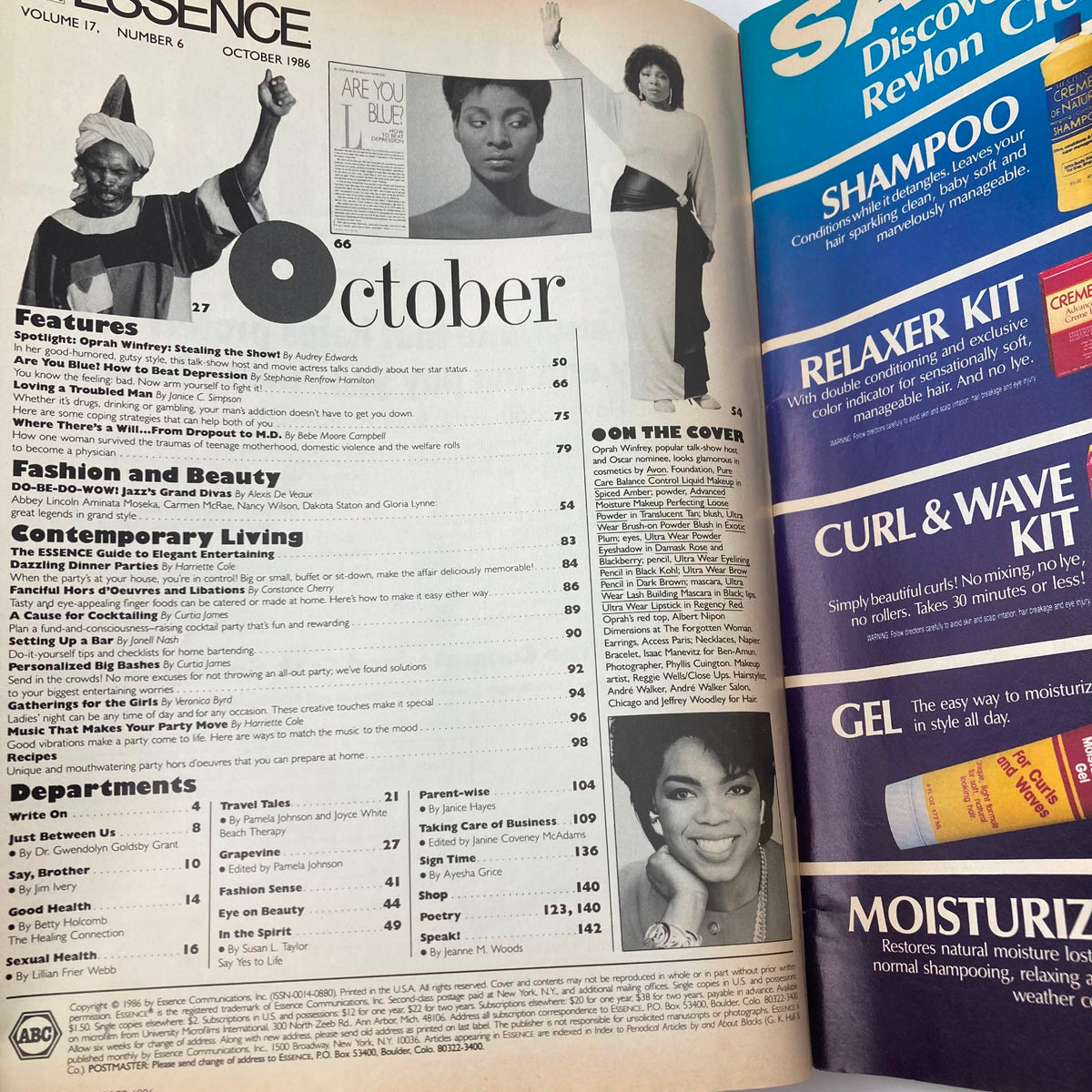 Another interior page from Essence Magazine October 1986 showcasing a table of contents with features on fashion and culture, alongside images related to the October issue.