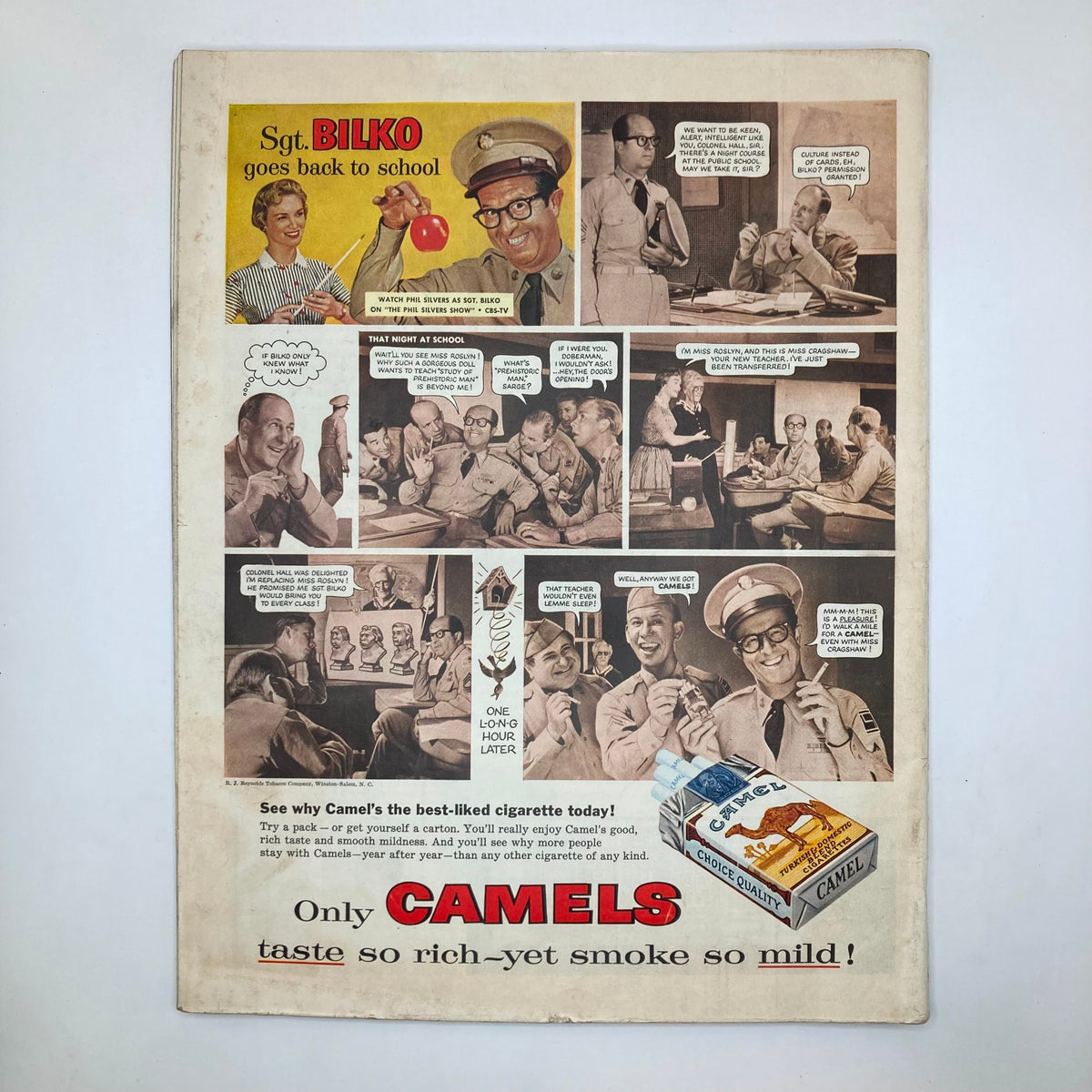 Back cover of the Saturday Evening Post Magazine, September 15, 1956, showcasing a comic strip featuring Sgt. Bilko, advertising Camels cigarettes with humorous illustrations.