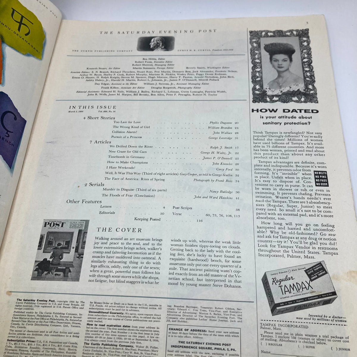 Interior page of Saturday Evening Post Magazine March 3 1956 featuring contents and cover description, highlighting an art museum by artist Stevan Dohanos.