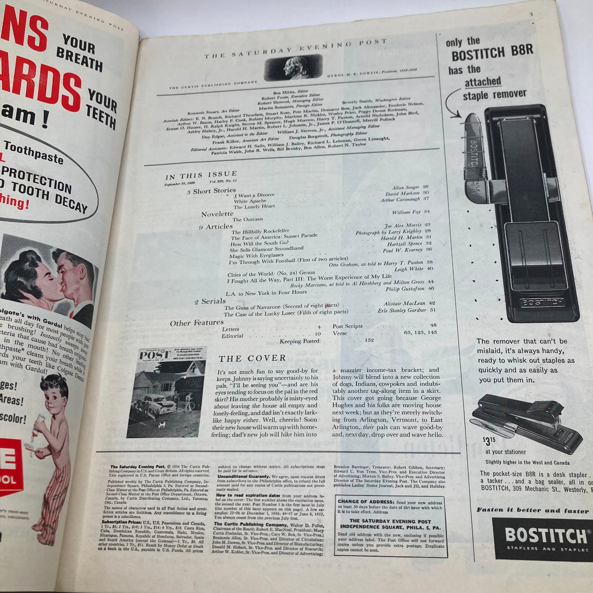 Inside page of Saturday Evening Post Magazine from September 29, 1956, displaying table of contents and advertisements reflecting mid-20th century culture.