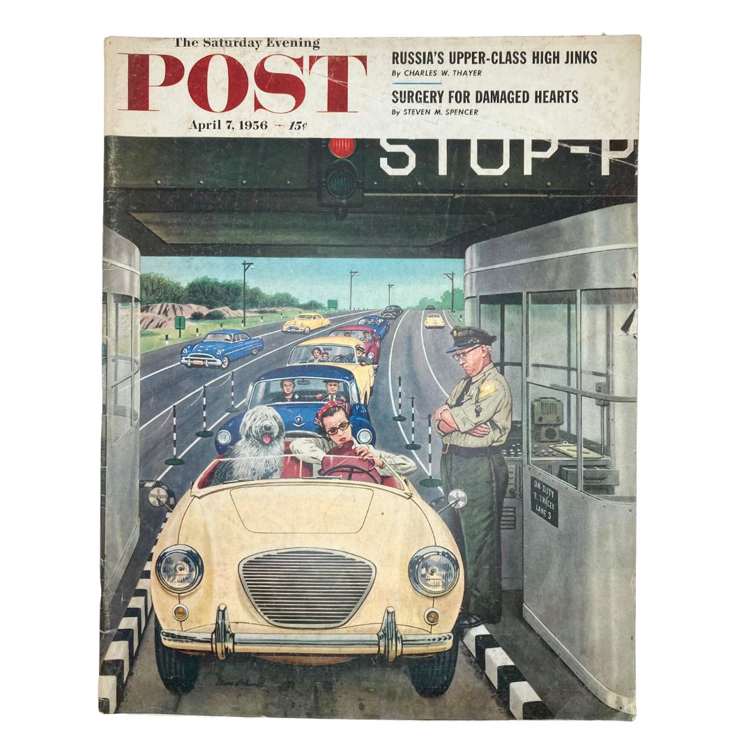 Cover of Saturday Evening Post Magazine April 7, 1956 featuring an illustration of a car passing through a toll booth, showcasing vintage Americana and art.