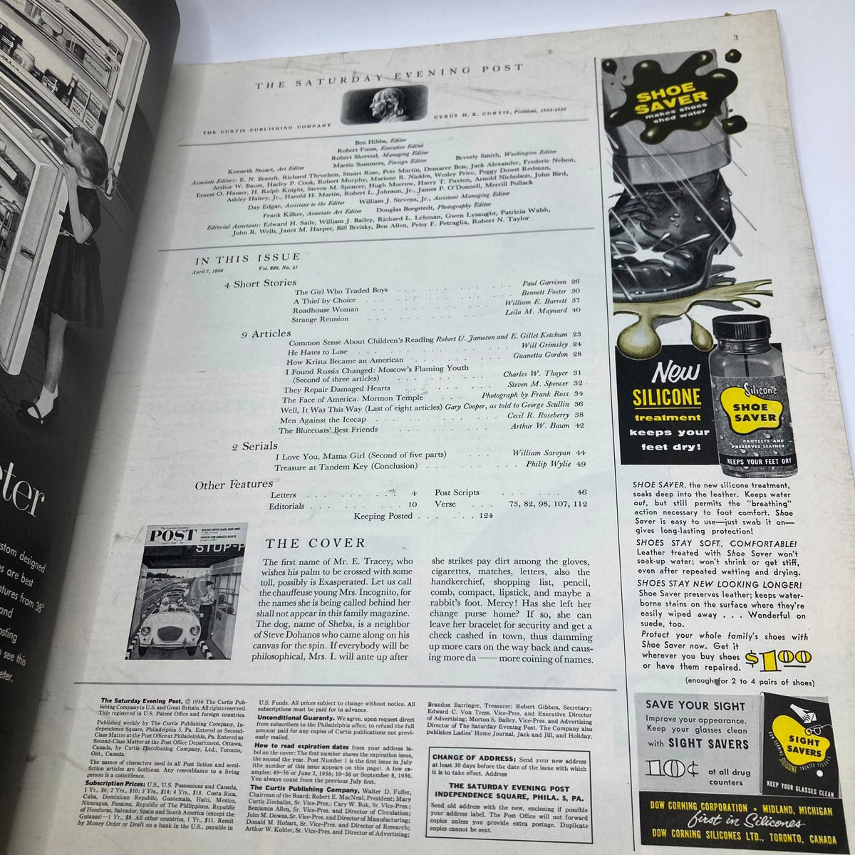 Inside page of Saturday Evening Post Magazine April 7, 1956 displaying the table of contents and editorial notes, reflecting the classic layout of mid-century magazine printing.